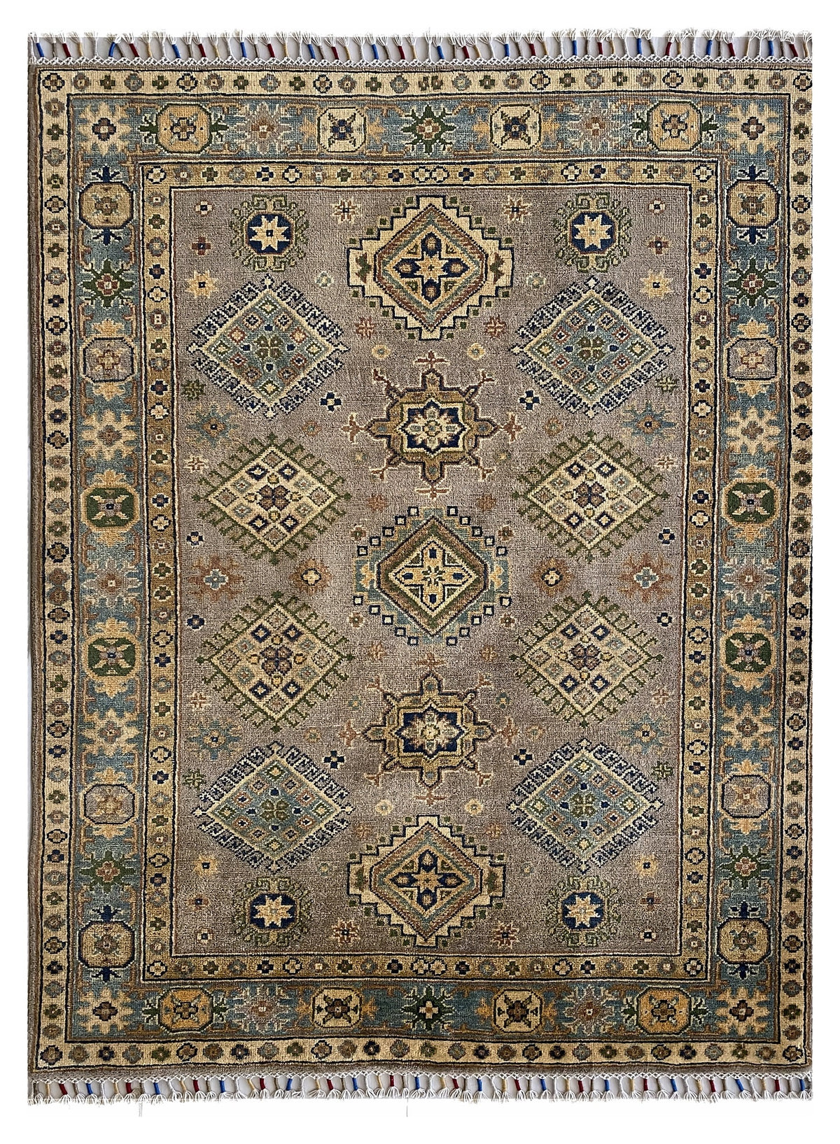 Afghan Kazak Rug 4x6 | taupe field with beige, green & ivory | geometric design | hand-knotted wool