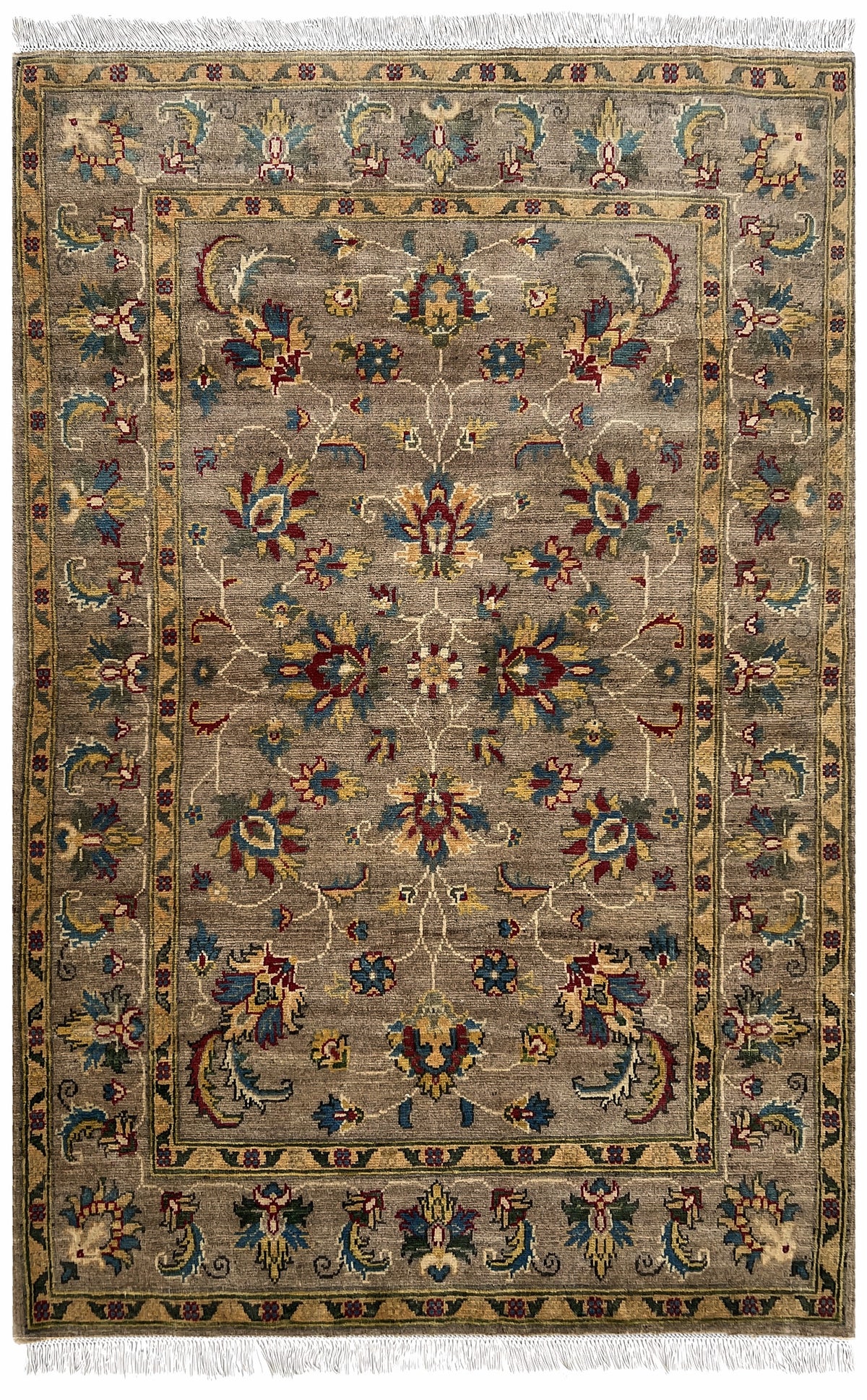 Afghan Kazak Rug 4x6 | taupe field with allover palmettes inside a gold border with red & navy | floral design | hand-knotted wool