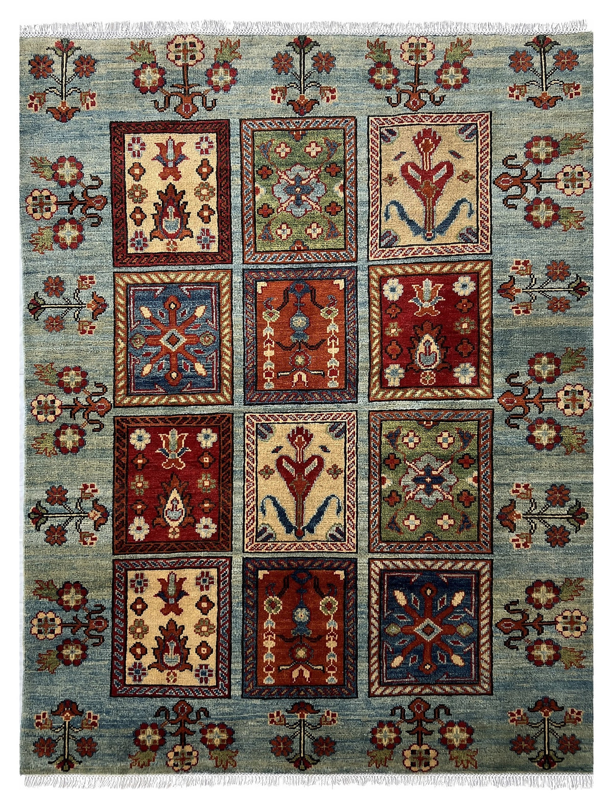 Afghan Kazak Rug 5x6 | light blue field with garden panels with red, gold & navy | garden design | hand-knotted wool