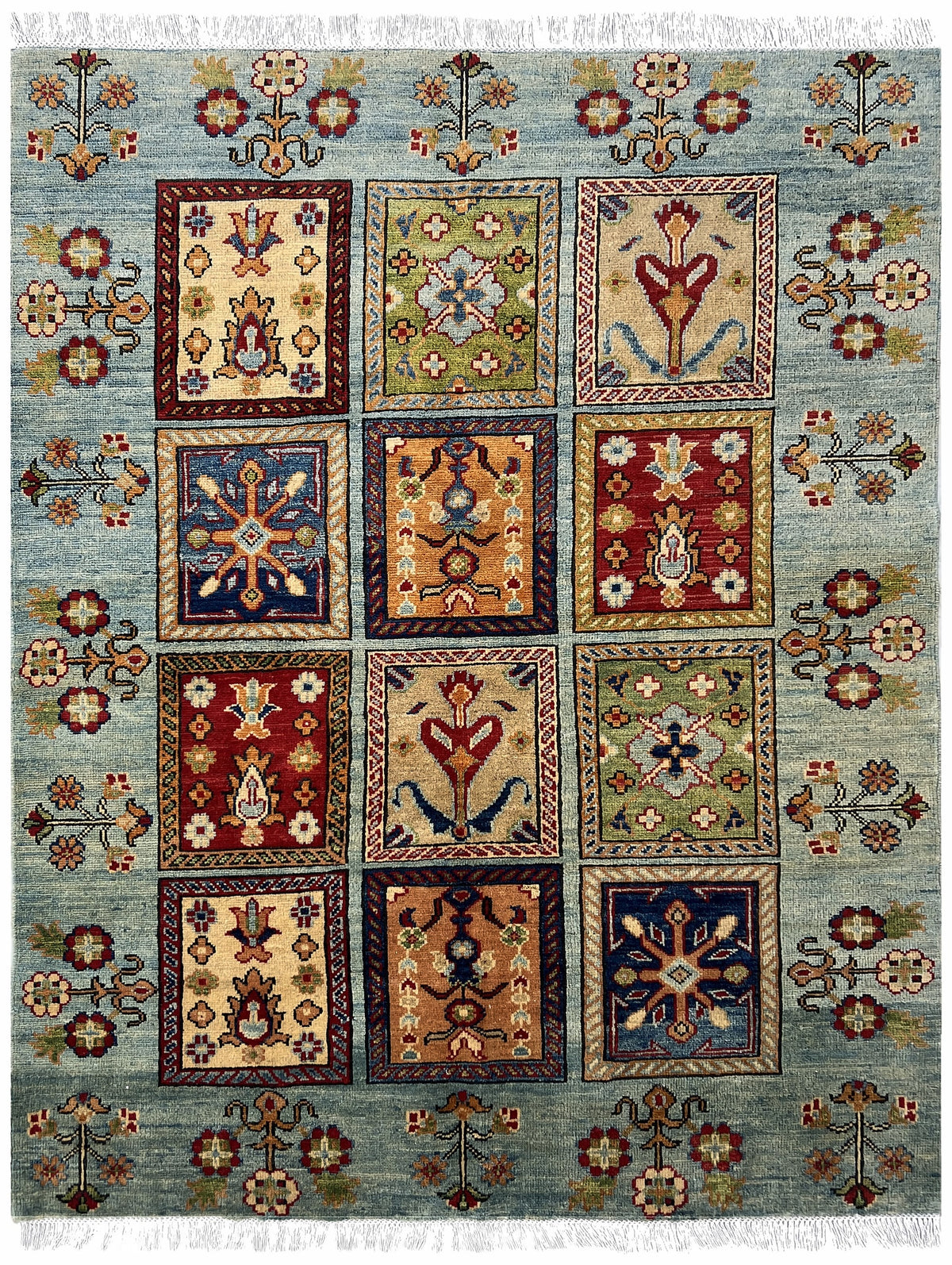 Afghan Kazak Rug 5x6 | light blue field with garden panels with red, gold & navy | garden design | hand-knotted wool