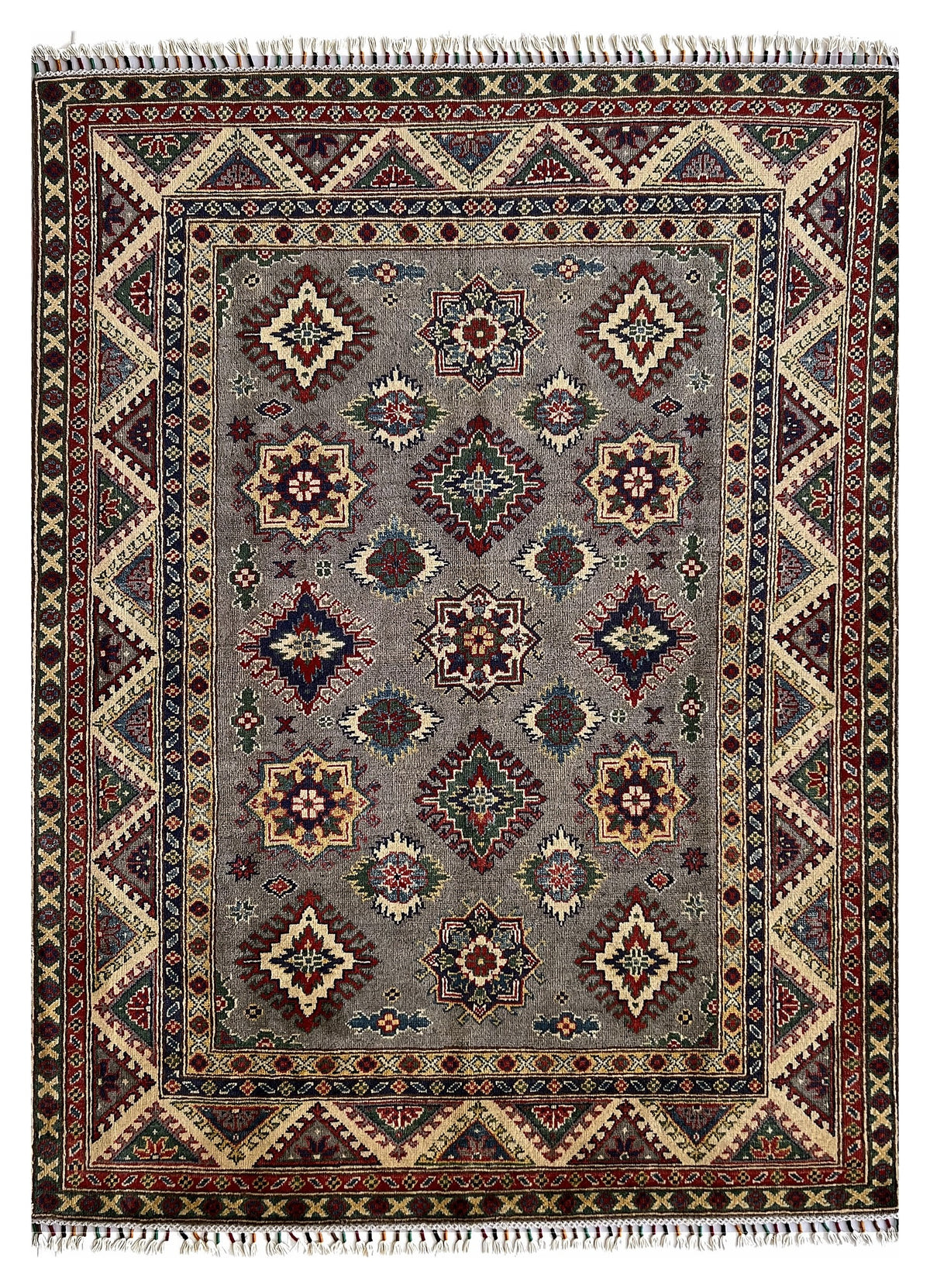 Afghan Kazak Rug 5x7 | gray field with tribal stars inside a red zigzag border with ivory & navy | tribal design | hand-knotted wool