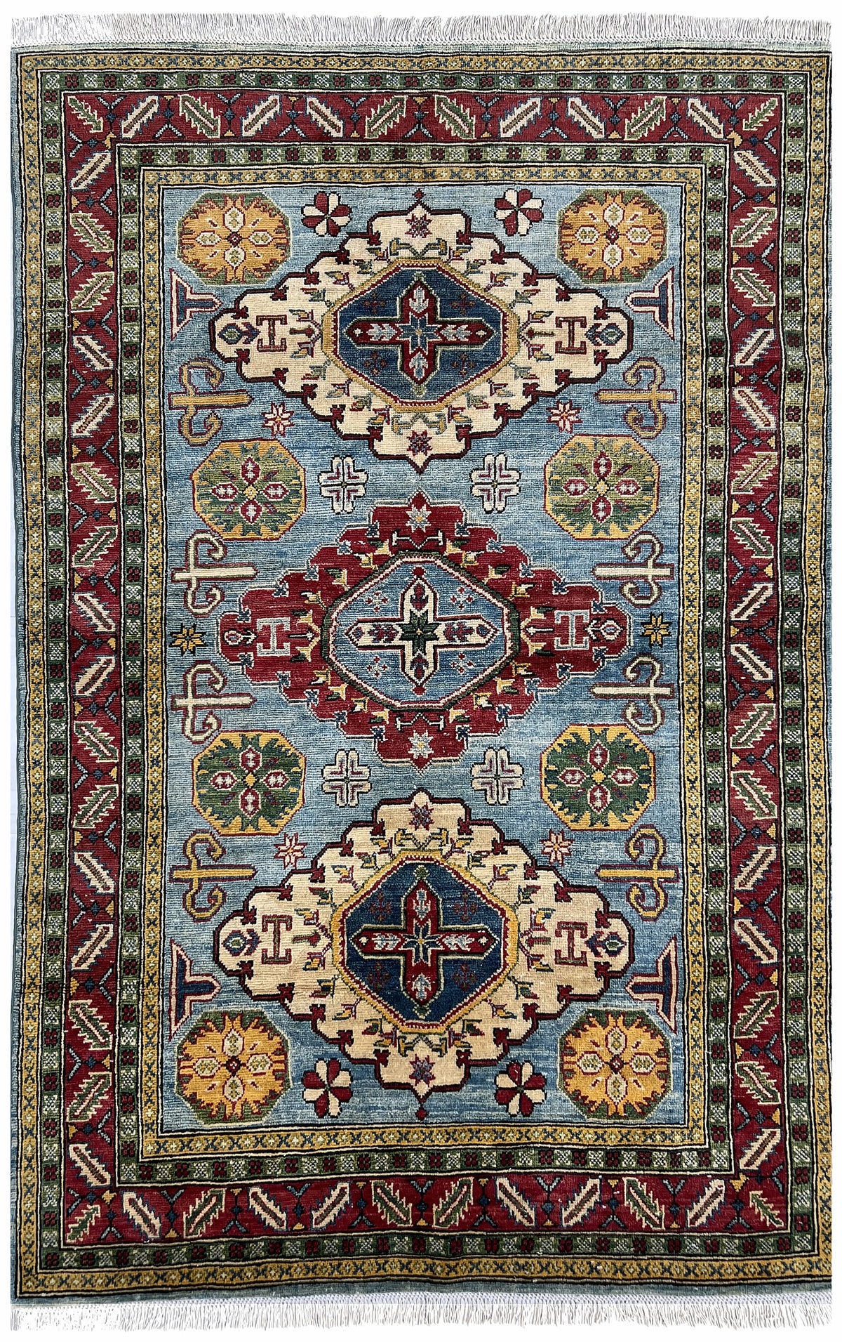 Afghan Kazak Rug 5x7 | light blue field with three ivory medallions with red & navy | medallion design | hand-knotted wool