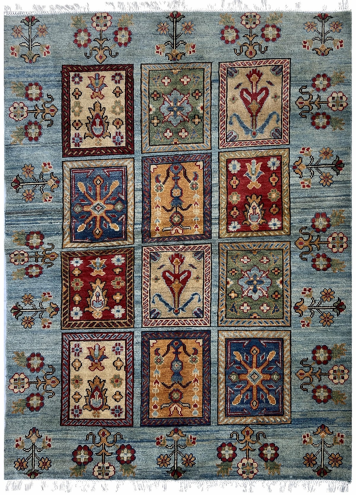 Afghan Kazak Rug 5x7 | light blue field with colorful garden panels with red, gold & navy | garden design | hand-knotted wool