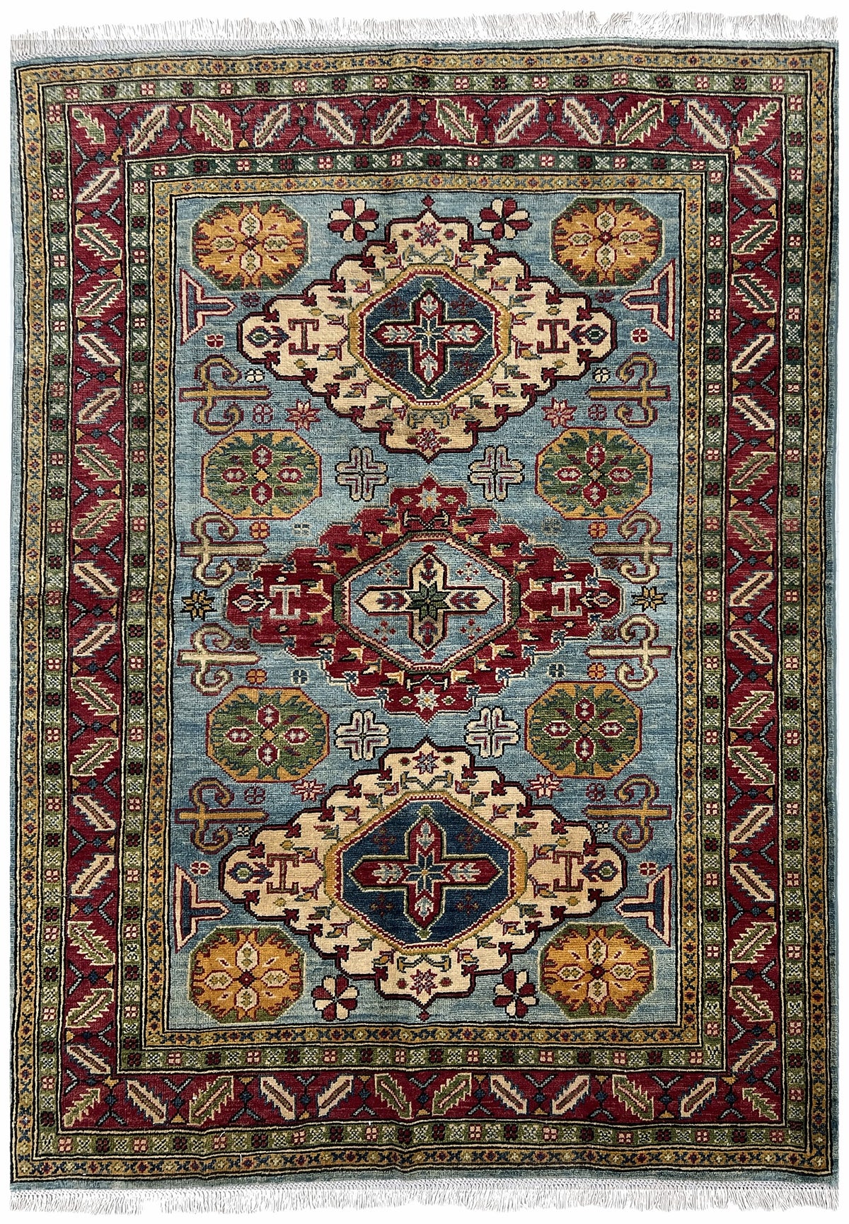 Afghan Kazak Rug 5x7 | light blue field with three tribal medallions inside a red border with ivory & gold | medallion design | hand-knotted wool