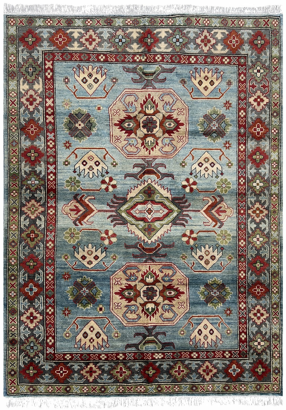 Afghan Kazak Rug 5x7 | light blue field with ivory and red medallions inside a red border with green | medallion design | hand-knotted wool