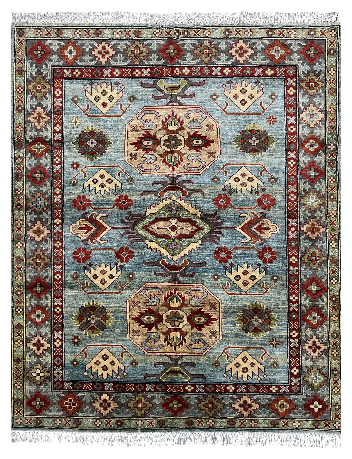 Afghan Kazak Rug 5x7 | light blue field with ivory and red medallions inside a red border with green | medallion design | hand-knotted wool