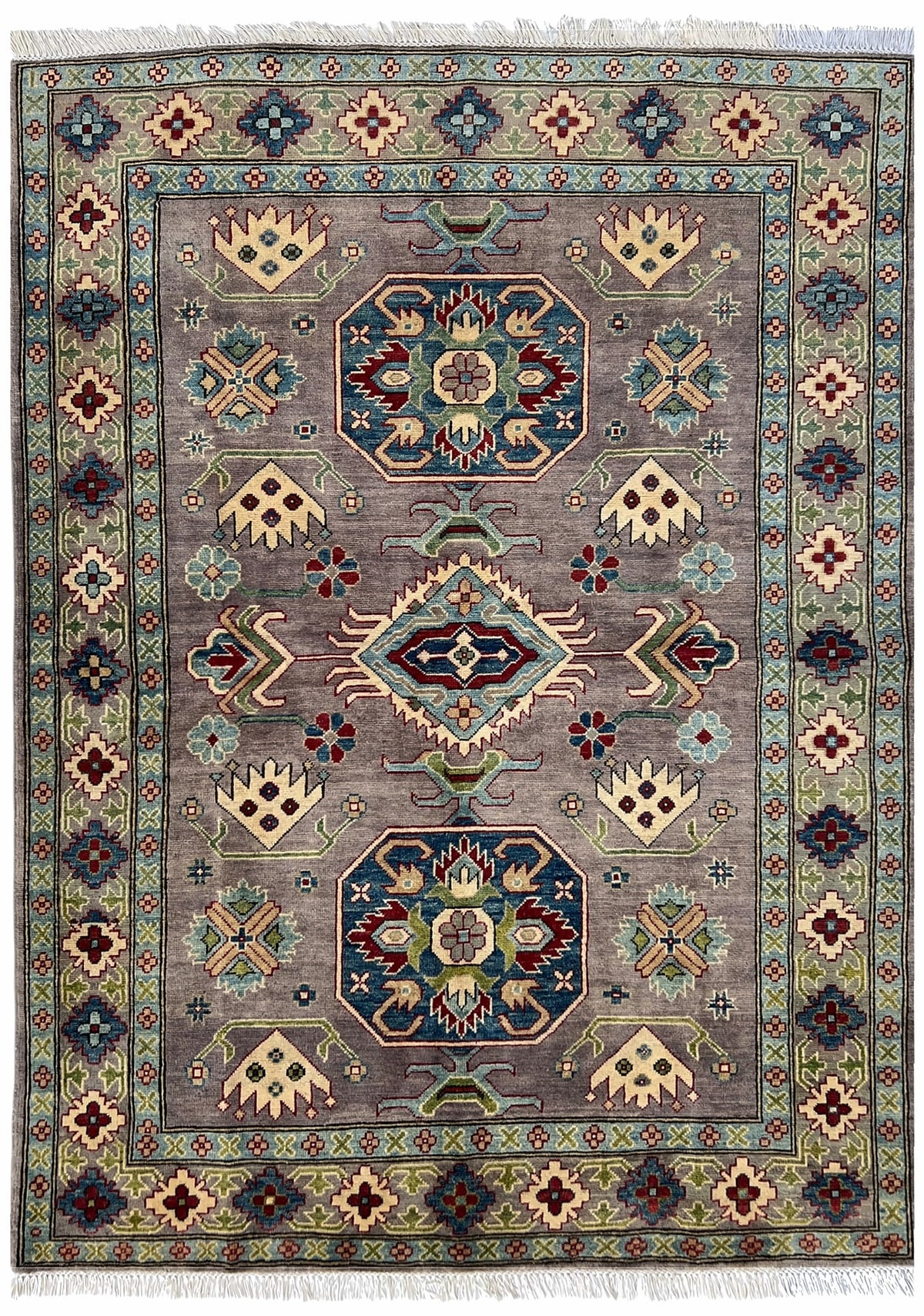 Afghan Kazak Rug 5x7 | mauve field with navy and ivory medallions with gold | medallion design | hand-knotted wool