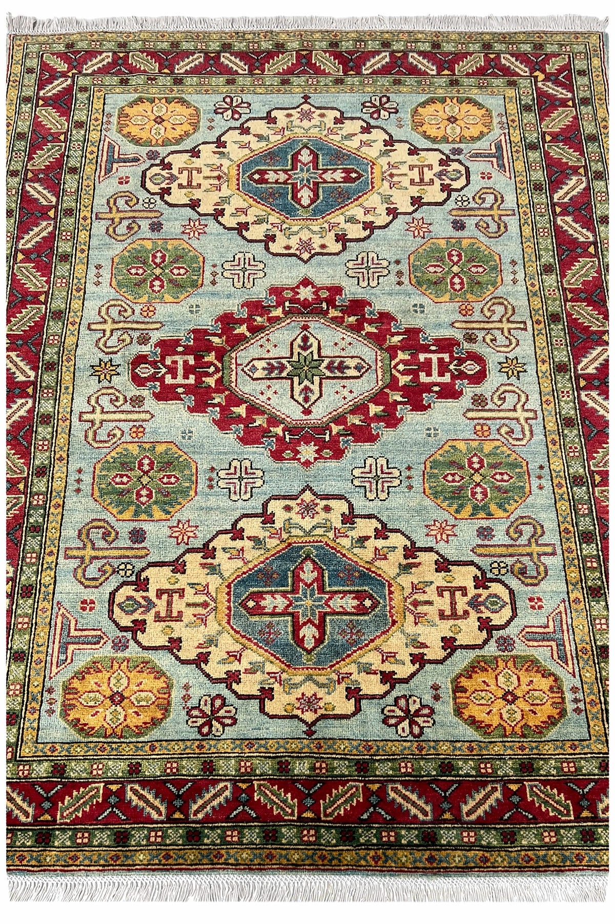 Afghan Kazak Rug 5x7 | seafoam field with three red and ivory medallions with gold | medallion design | hand-knotted wool