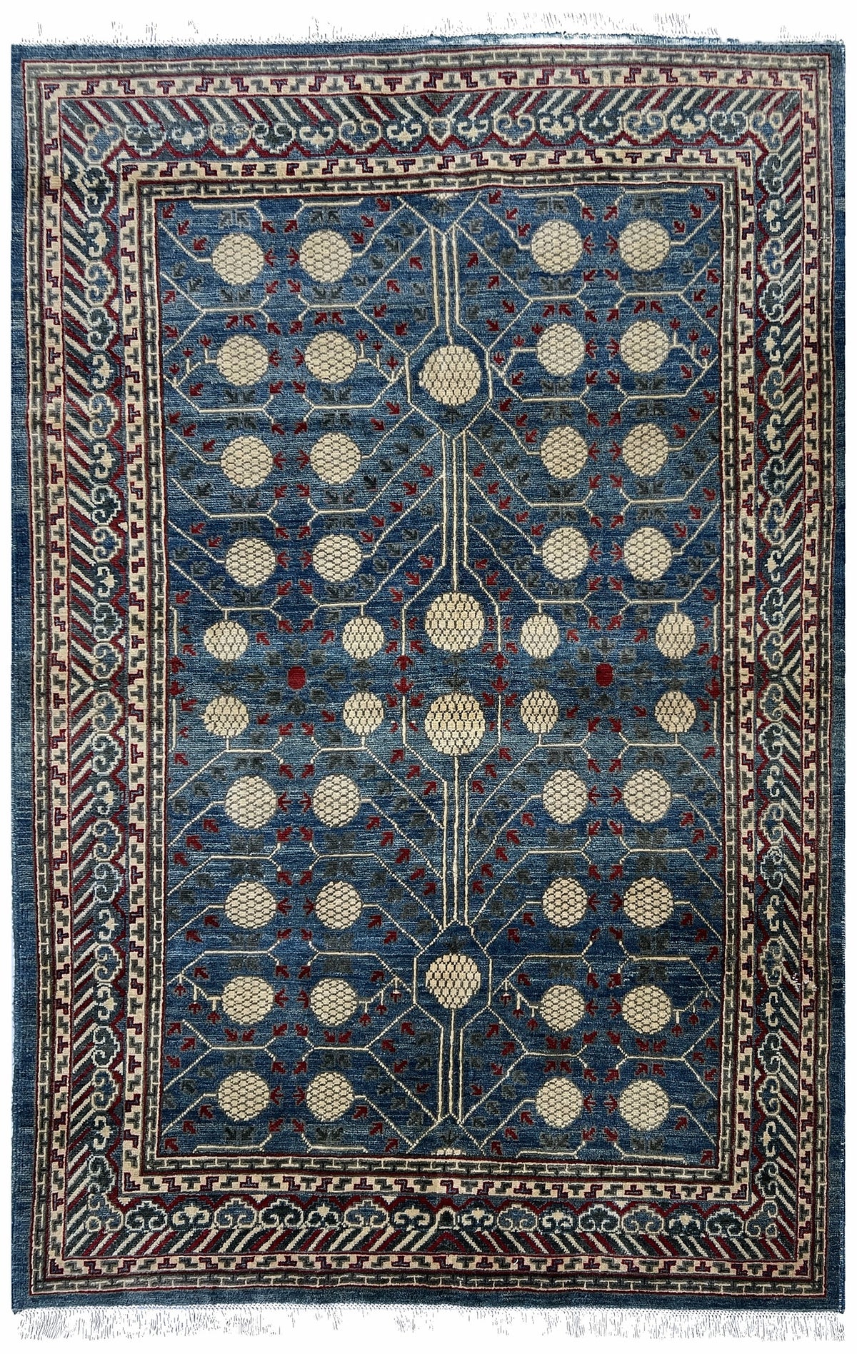 Afghan Kazak Rug 5x8 | navy field with an ivory pomegranate lattice with red | khotan design | hand-knotted wool