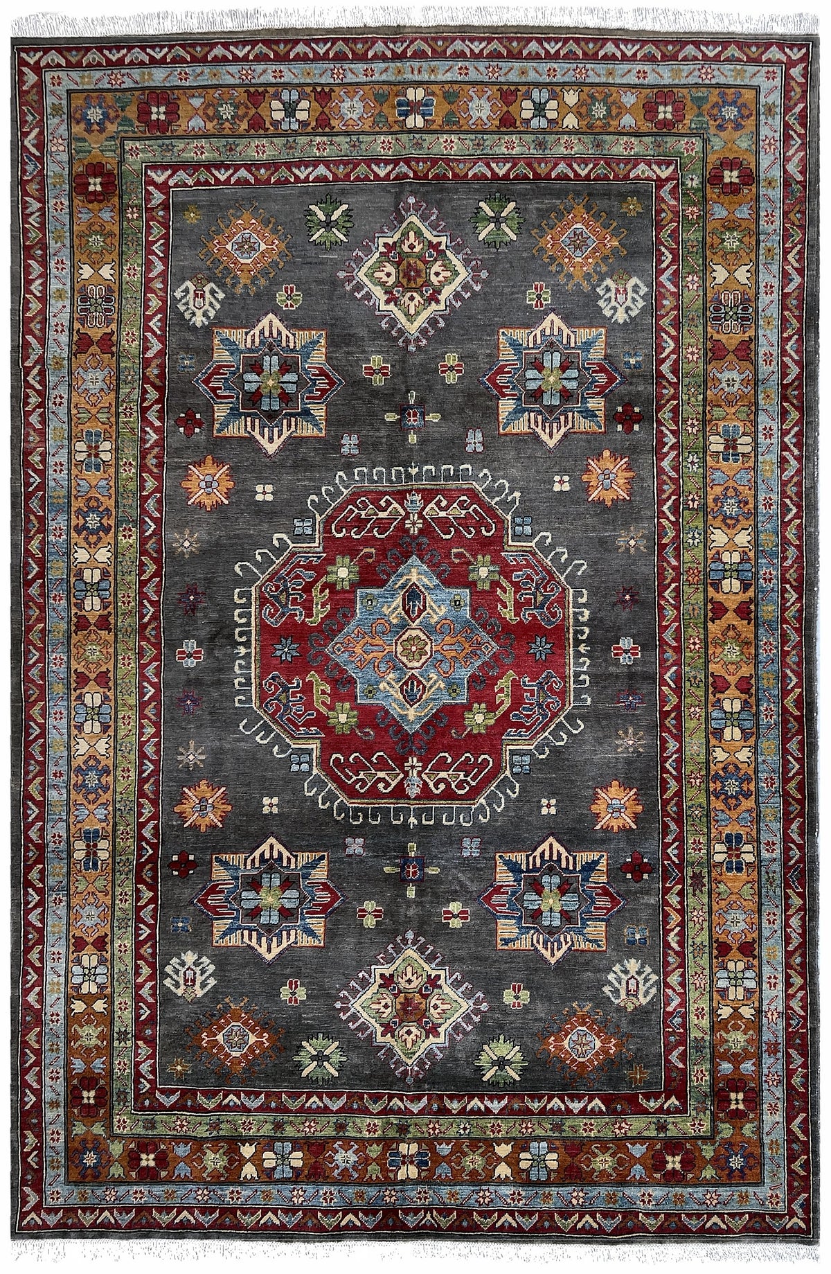 Afghan Kazak Rug 6x10 | charcoal field with a red center medallion with light blue & gold | medallion design | hand-knotted wool