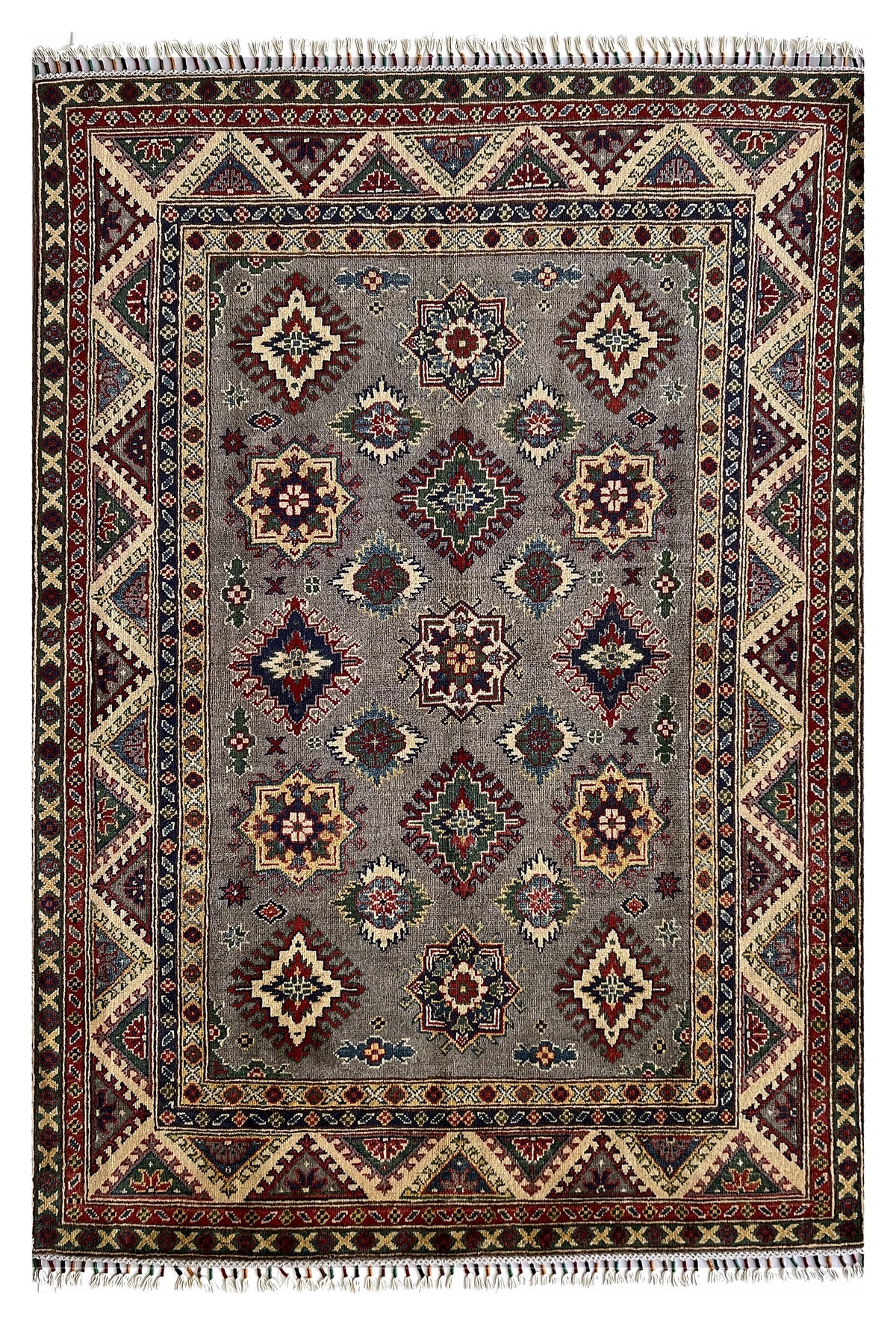 Afghan Kazak Rug 6x8 | gray field with tribal stars inside an ivory zigzag border with red & navy | tribal design | hand-knotted wool