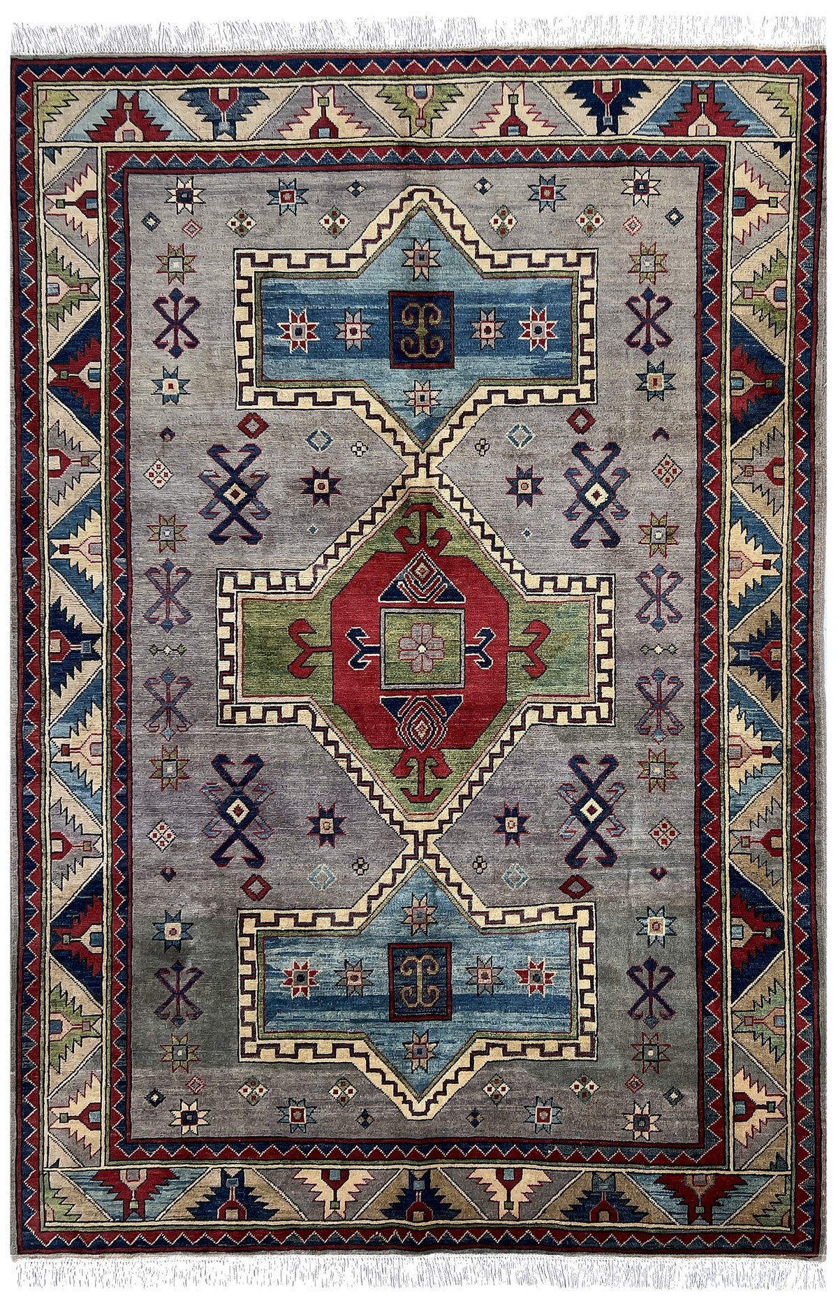 Afghan Kazak Rug 6x9 | gray field with a red center medallion with green & navy | medallion design | hand-knotted wool