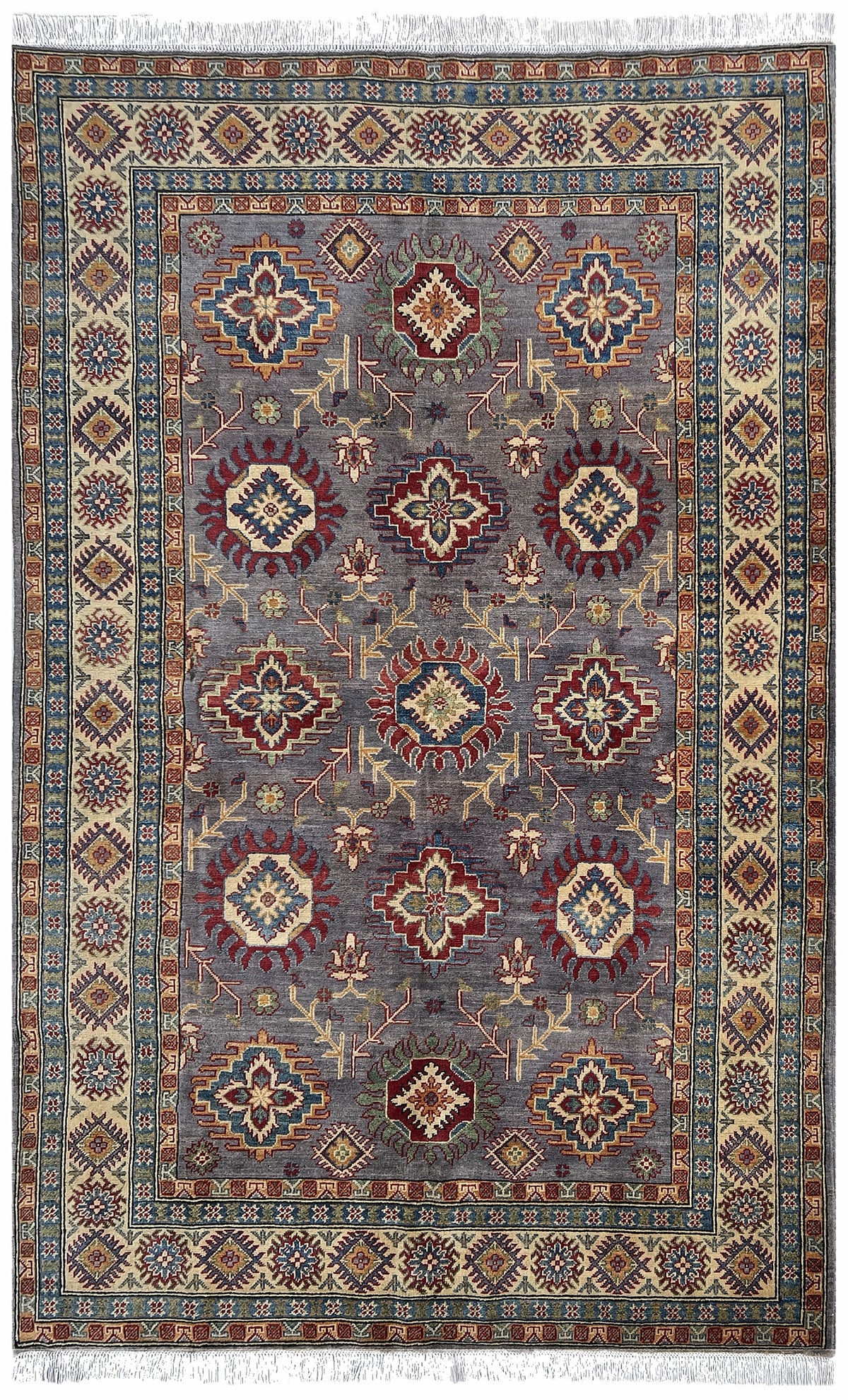 Afghan Kazak Rug 6x9 | mauve field with navy and red tribal medallions inside an ivory border | tribal design | hand-knotted wool