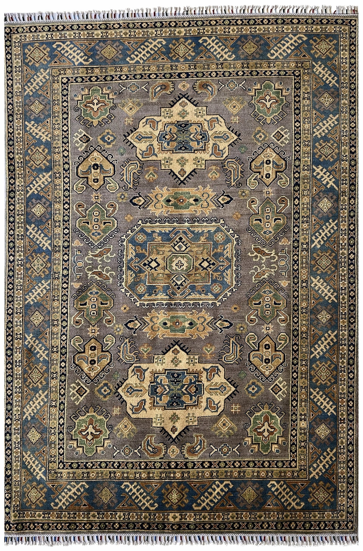 Afghan Kazak Rug 6x9 | olive field with ivory tribal medallions with navy & gold | medallion design | hand-knotted wool