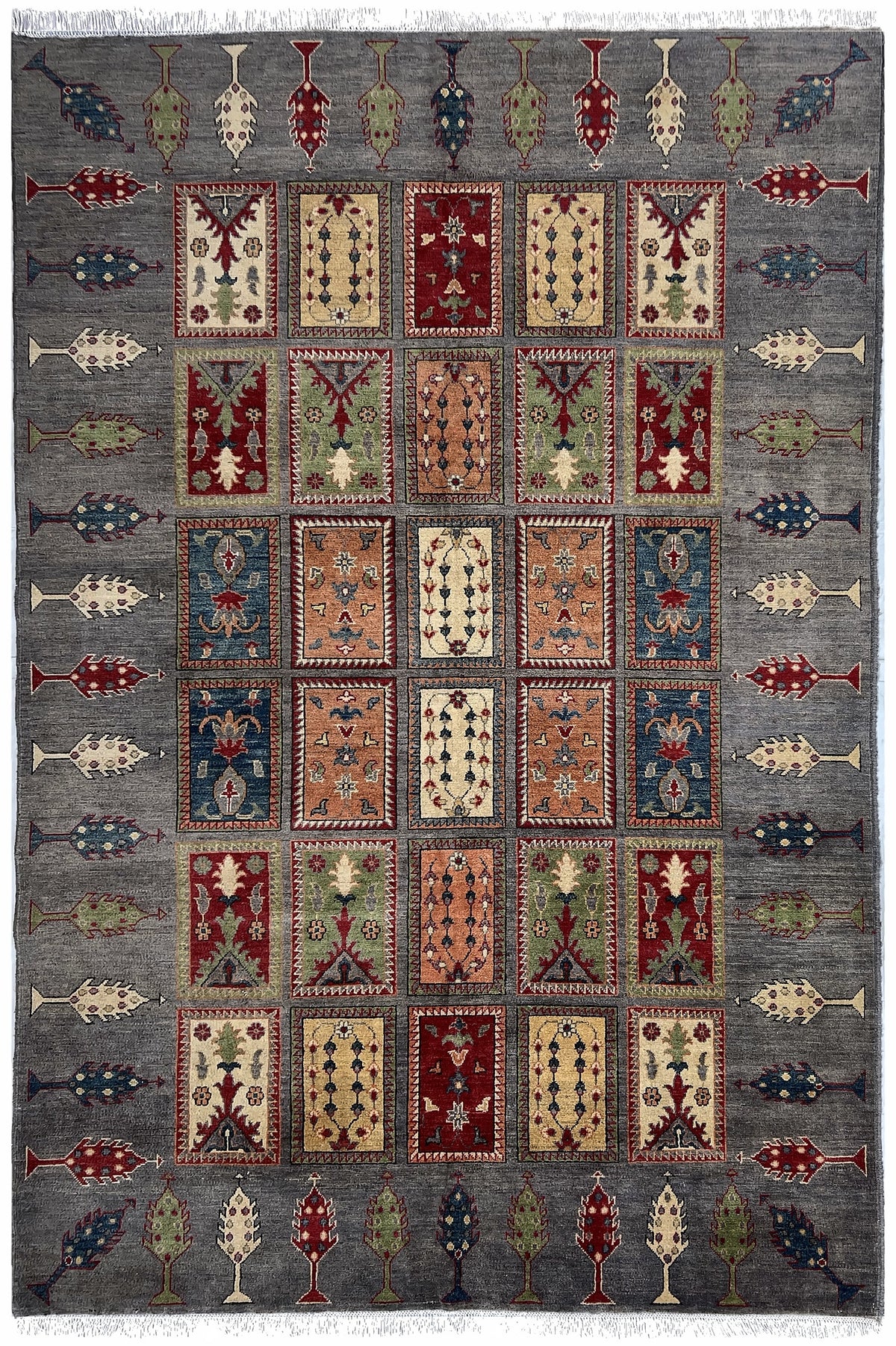 Afghan Kazak Rug 7x10 | gray field with garden panels with red, ivory & blue | garden design | hand-knotted wool