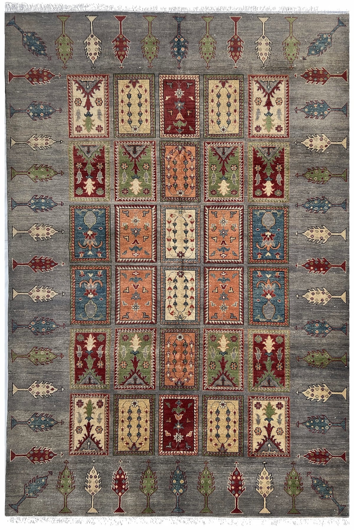 Afghan Kazak Rug 7x10 | gray field with garden panels and tree motifs with red, ivory & green | garden design | hand-knotted wool