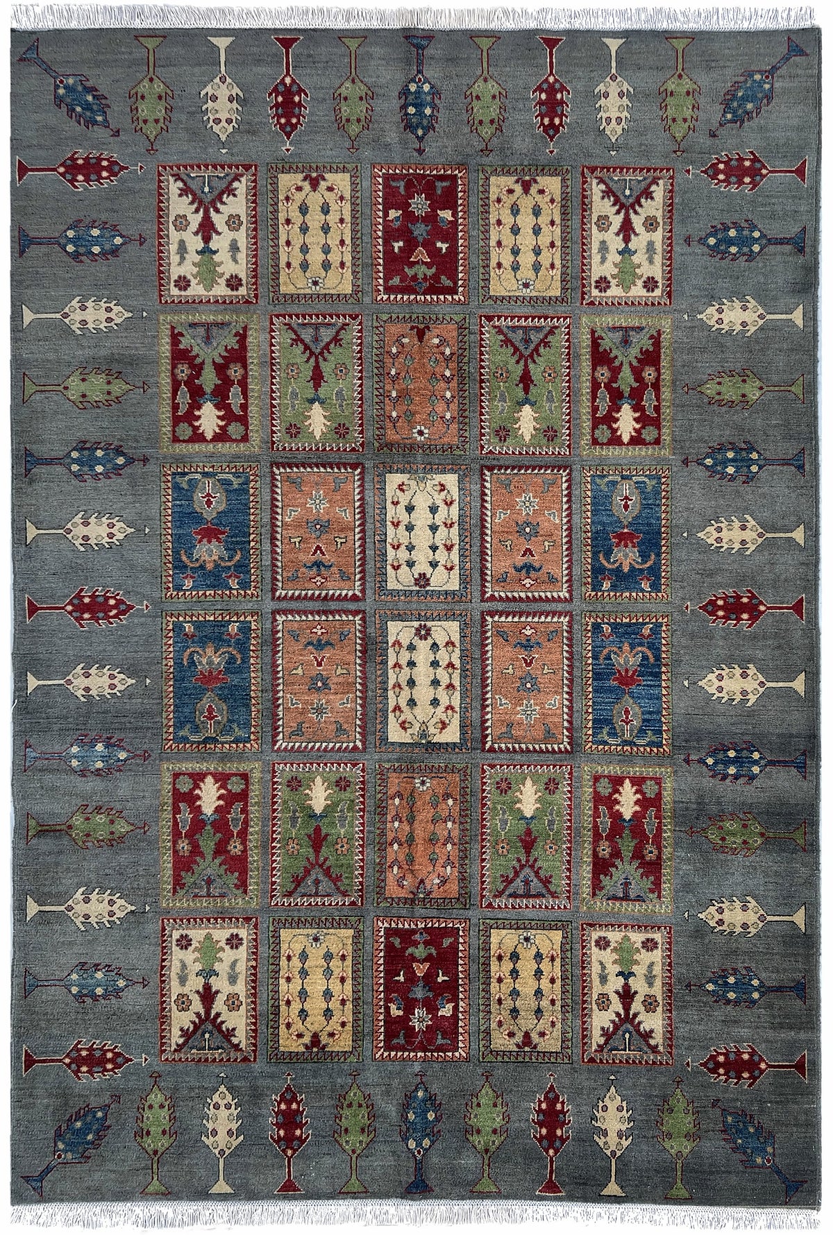 Afghan Kazak Rug 7x10 | gray field with garden panels with red, ivory & blue | garden design | hand-knotted wool