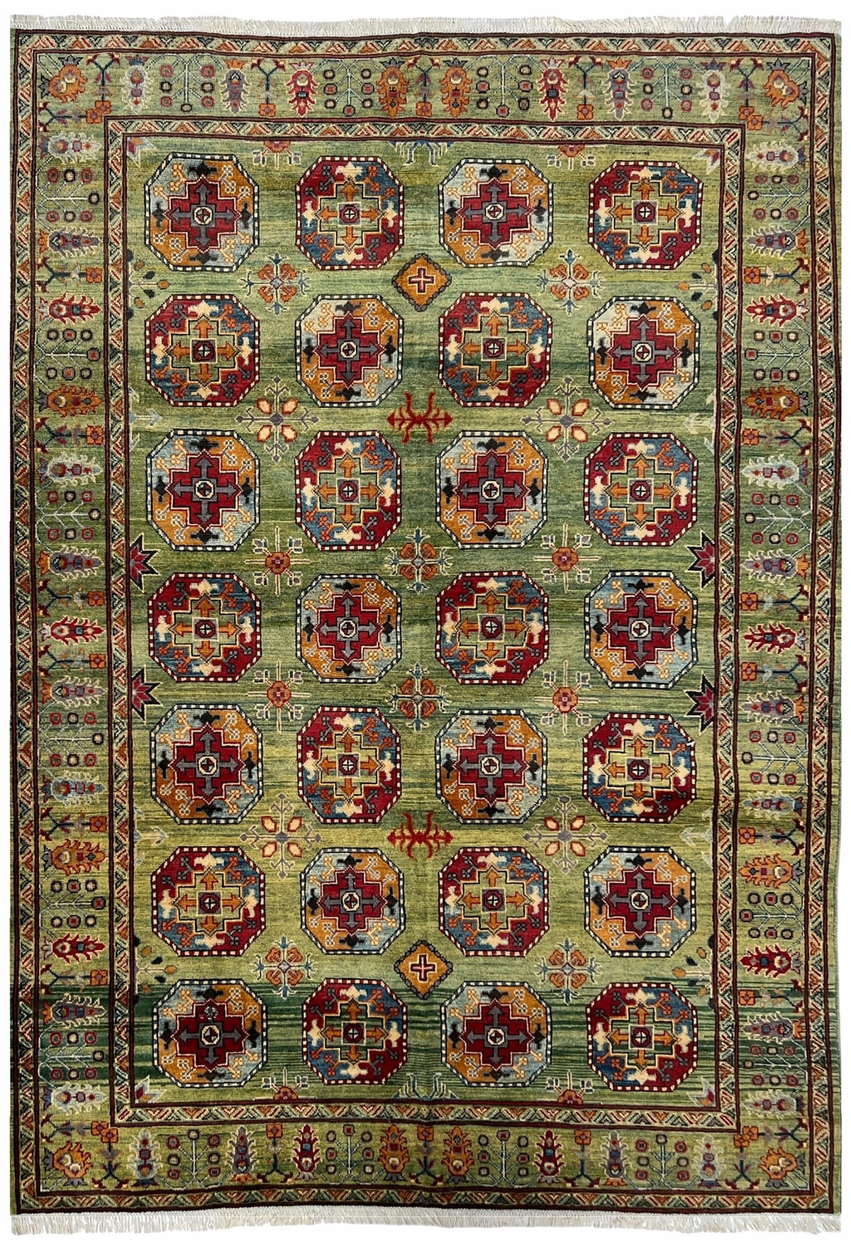 Afghan Kazak Rug 7x10 | green field with rows of red octagon guls with gold | gul design | hand-knotted wool