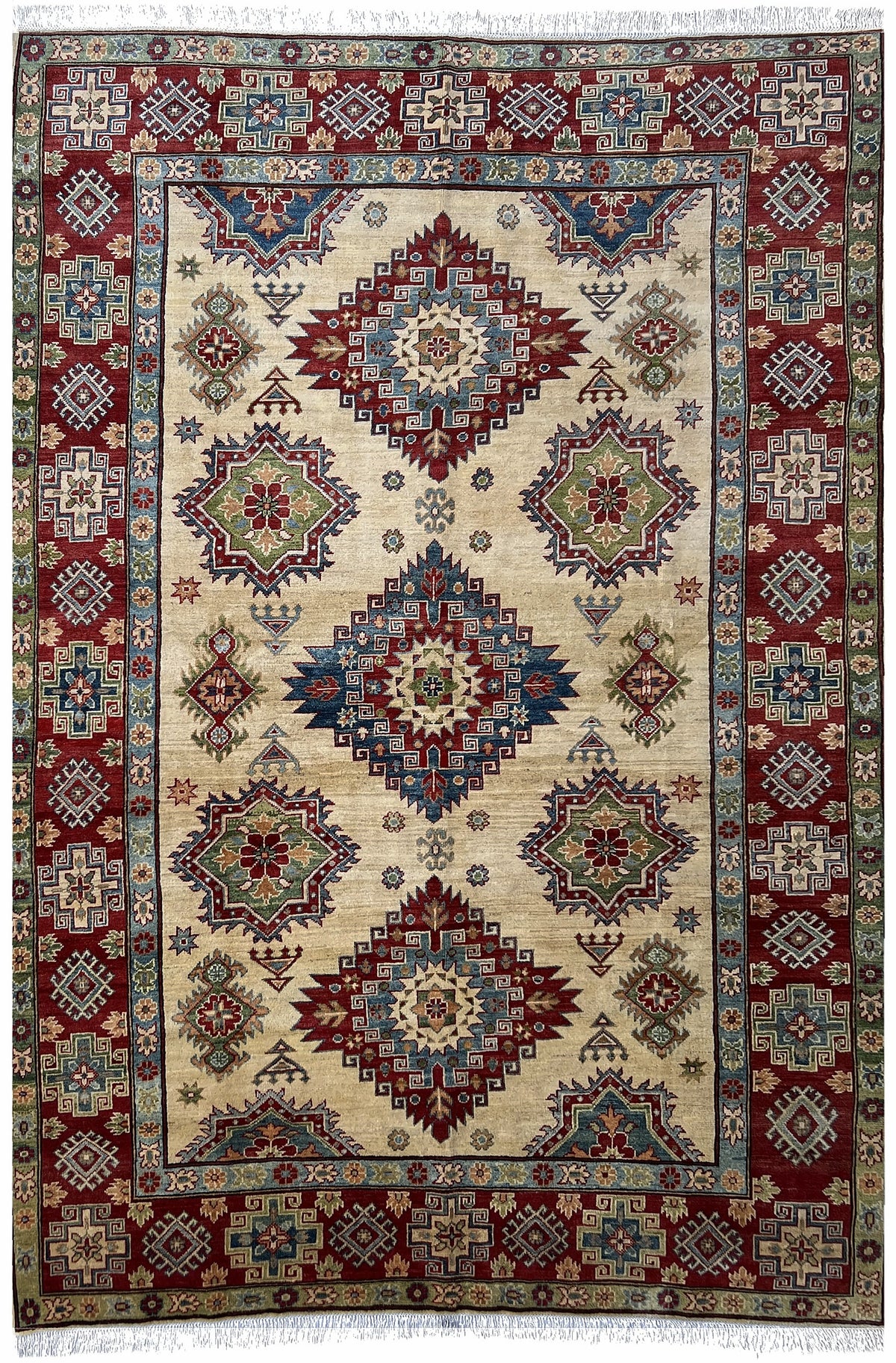 Afghan Kazak Rug 7x10 | ivory field with tribal medallions inside a red border with blue & green | medallion design | hand-knotted wool