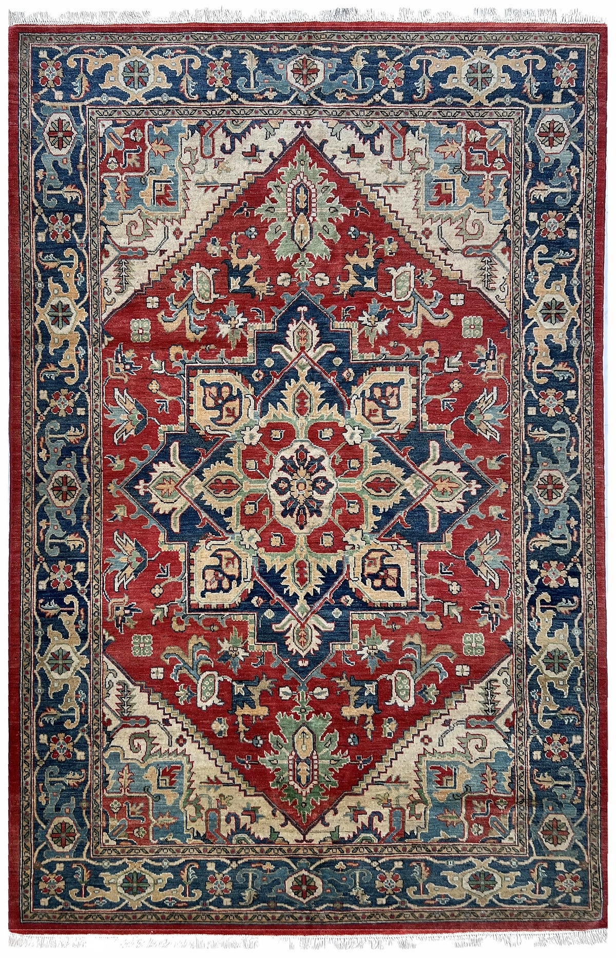 Afghan Kazak Rug 7x10 | red field with a navy and ivory Heriz medallion with blue | medallion design | hand-knotted wool