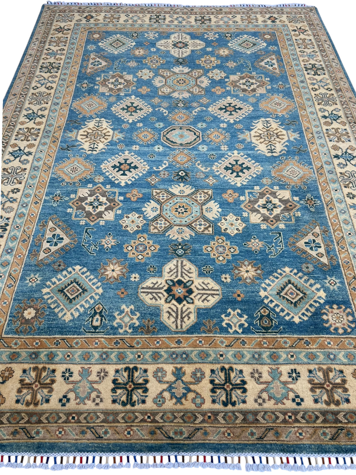 Kazak Rug 7x9 | Blue, Ivory & Gold | hand-knotted wool | full view, end