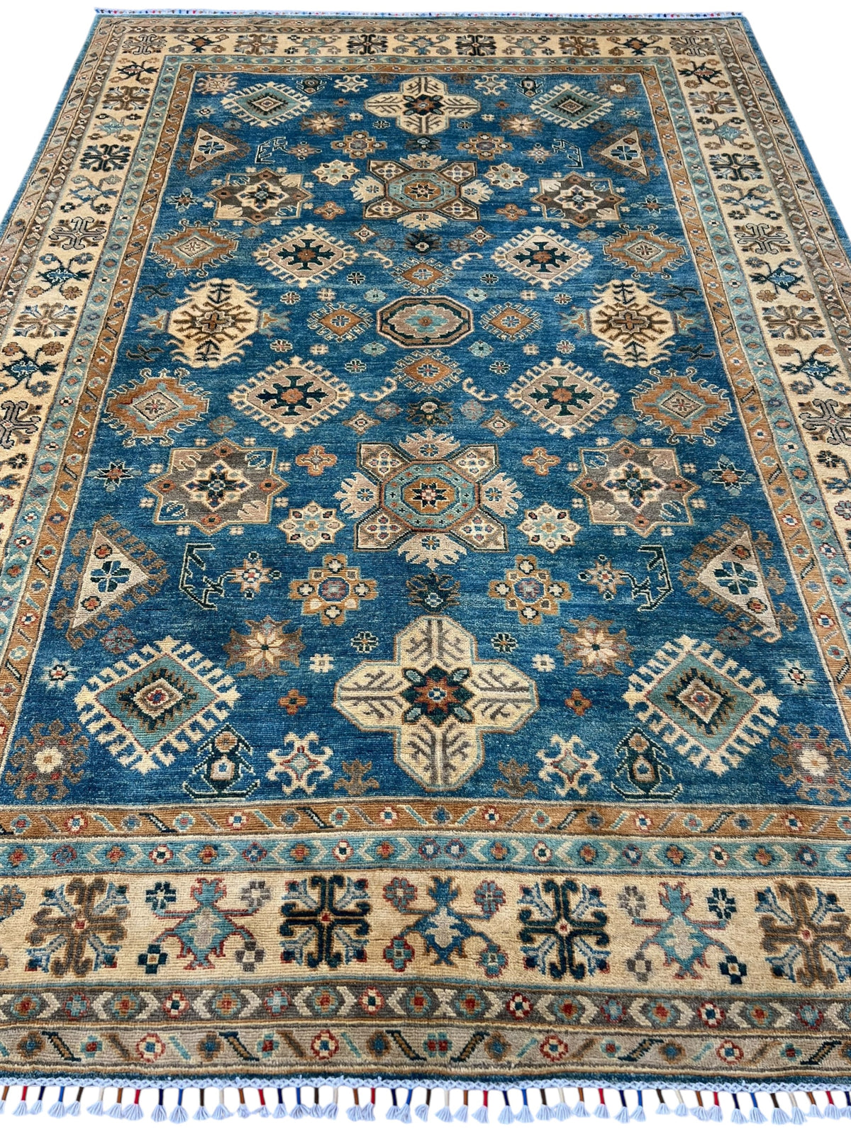 Kazak Rug 7x9 | Blue, Ivory & Gold | hand-knotted wool | full view, other end
