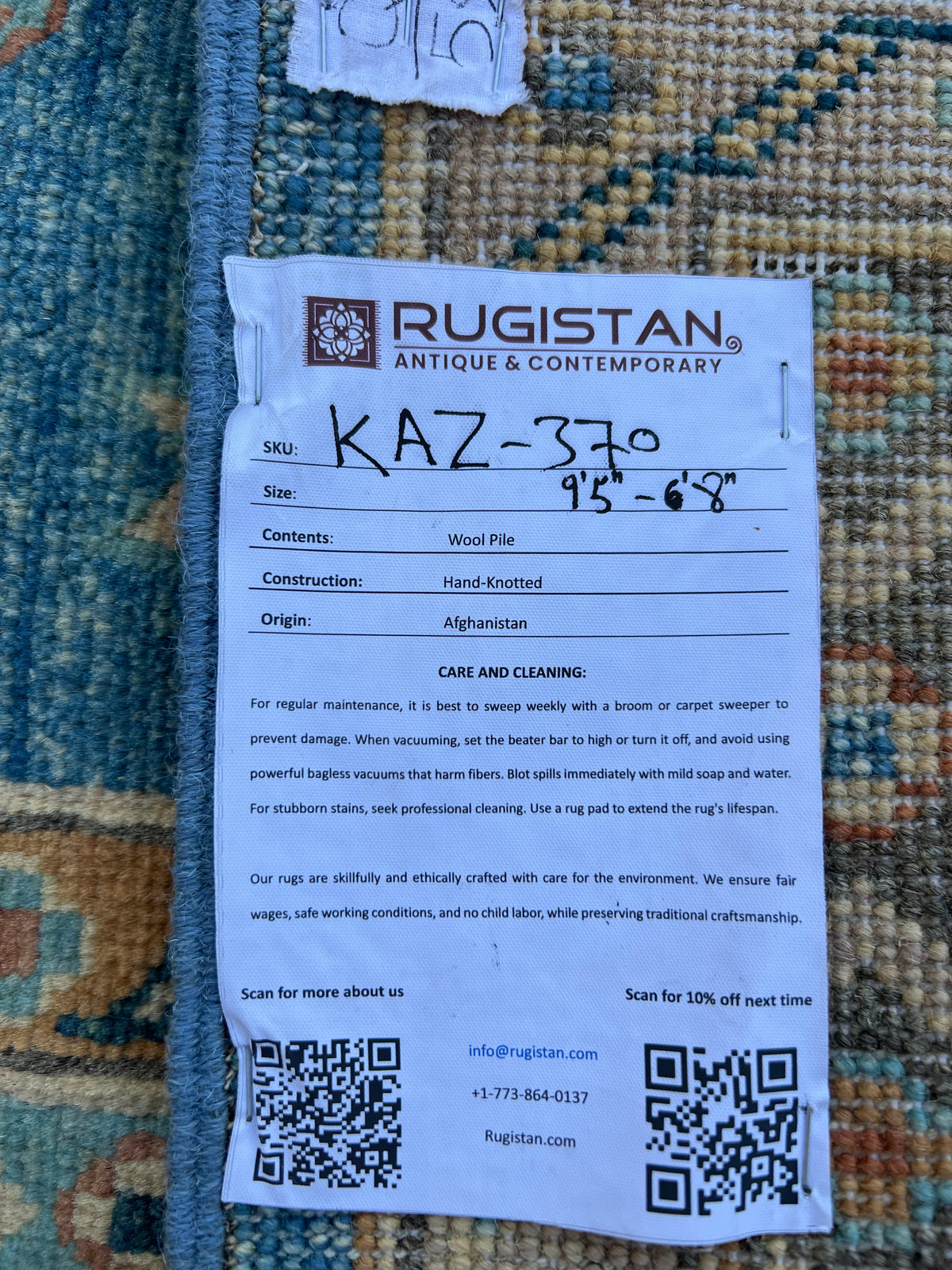 Kazak Rug 7x9 | Blue, Ivory & Gold | hand-knotted wool | Rugistan® rug ID tag