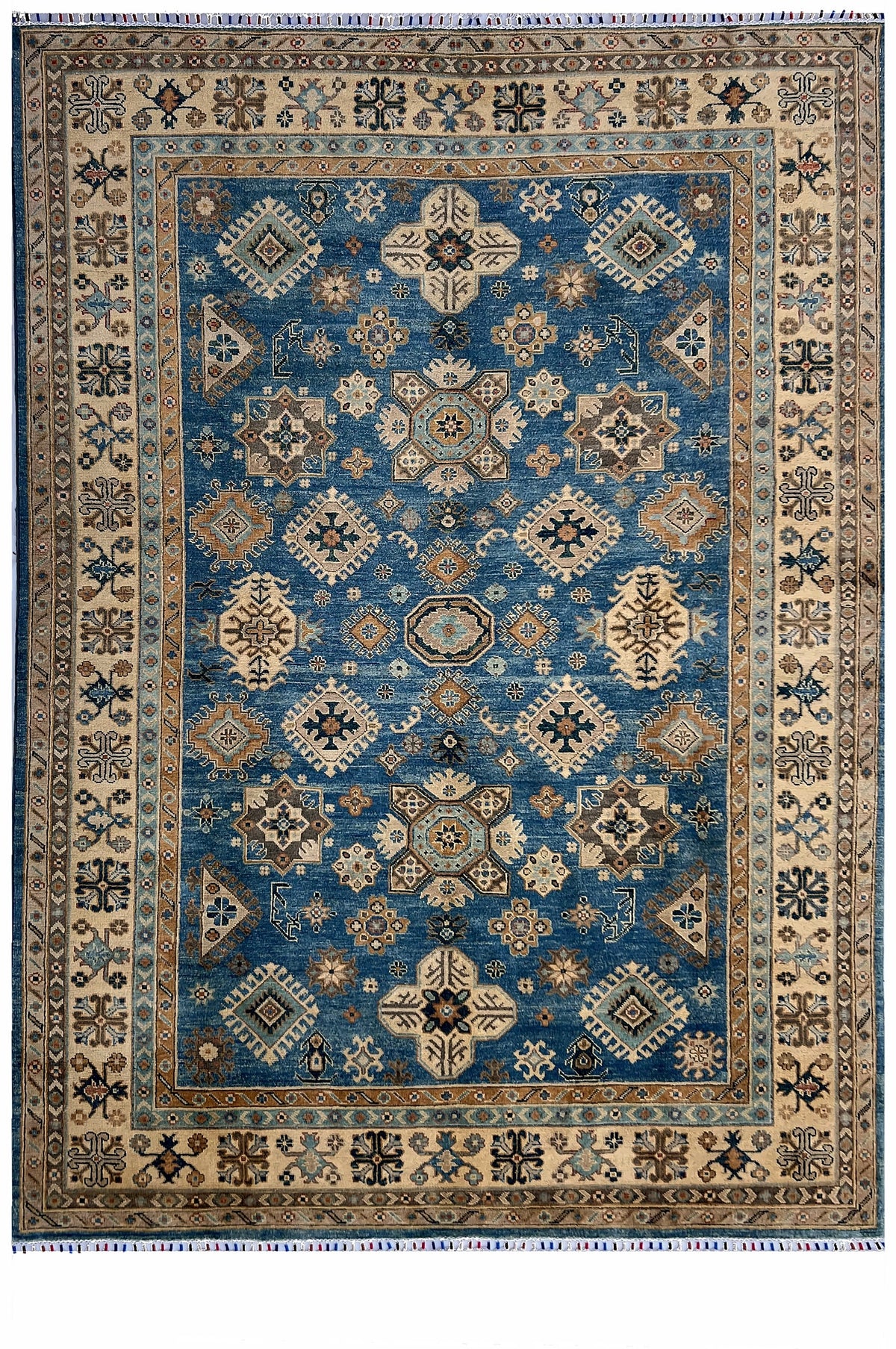 Afghan Kazak Rug 7x9 | blue field with ivory star medallions inside an ivory border with gold | tribal design | hand-knotted wool