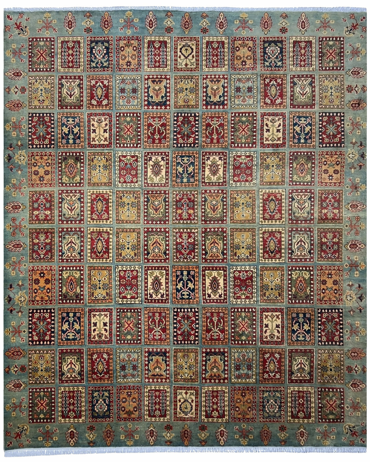 Afghan Kazak Rug 8x10 | tiles of small garden panels in red, ivory and blue with gold | garden design | hand-knotted wool