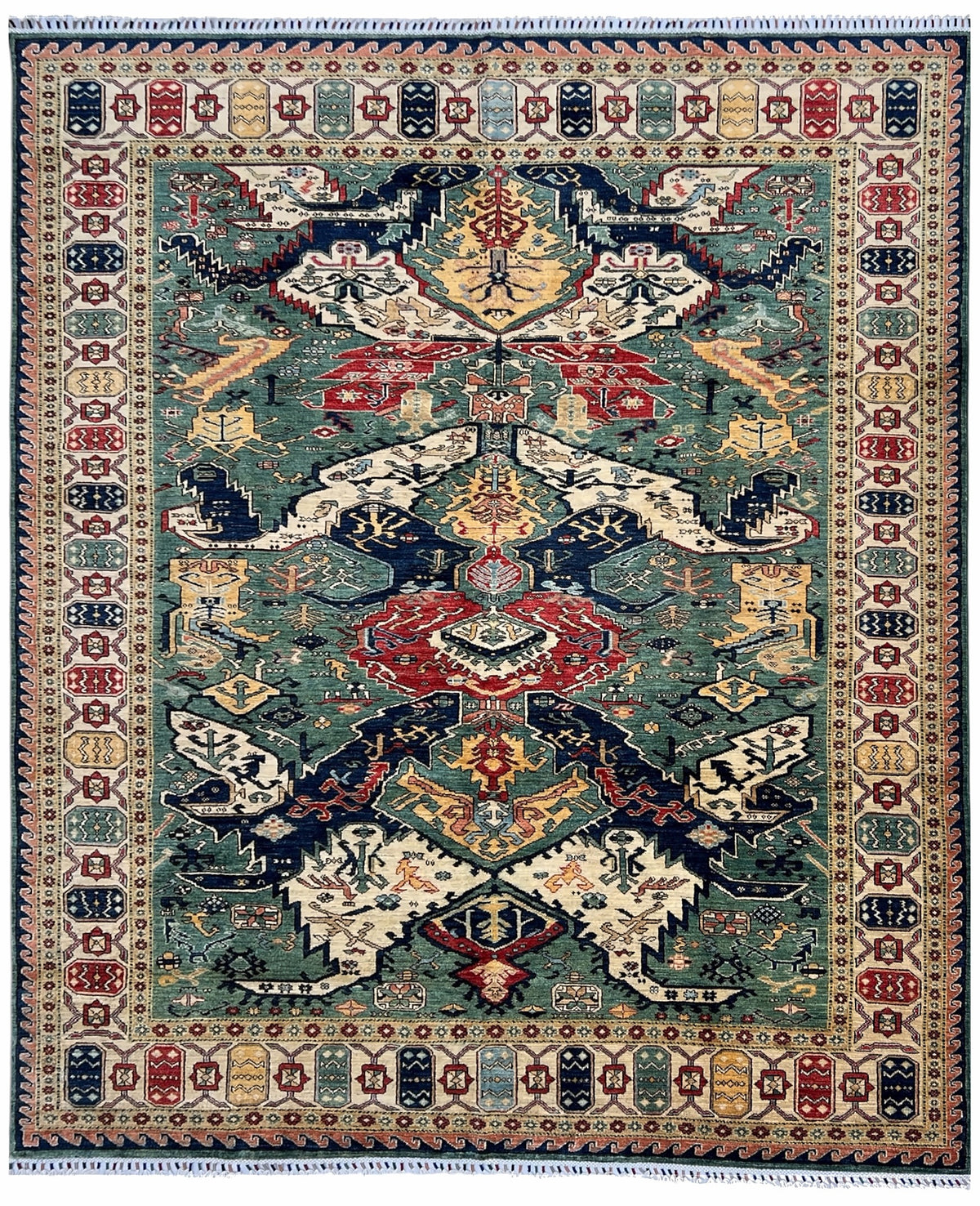 Afghan Kazak Rug 8x9 | green field with bold dragon-style motifs inside an ivory border with navy & red | tribal design | hand-knotted wool