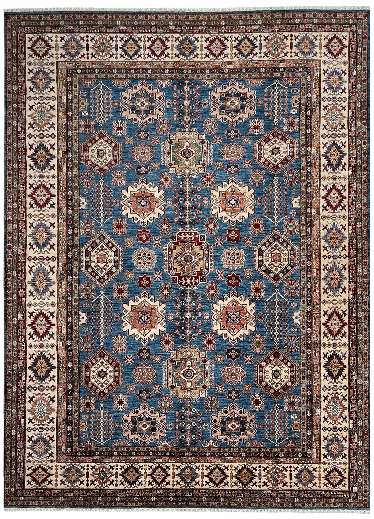 Afghan Kazak Rug 9x12 | blue field with ivory and red tribal motifs inside an ivory border | tribal design | hand-knotted wool