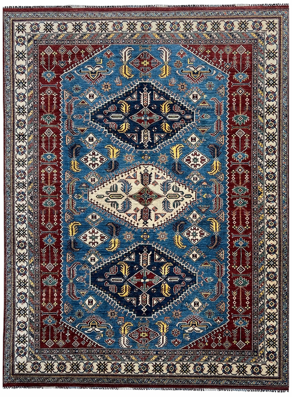 Afghan Kazak Rug 9x12 | blue field with three navy and ivory medallions inside a red border | medallion design | hand-knotted wool