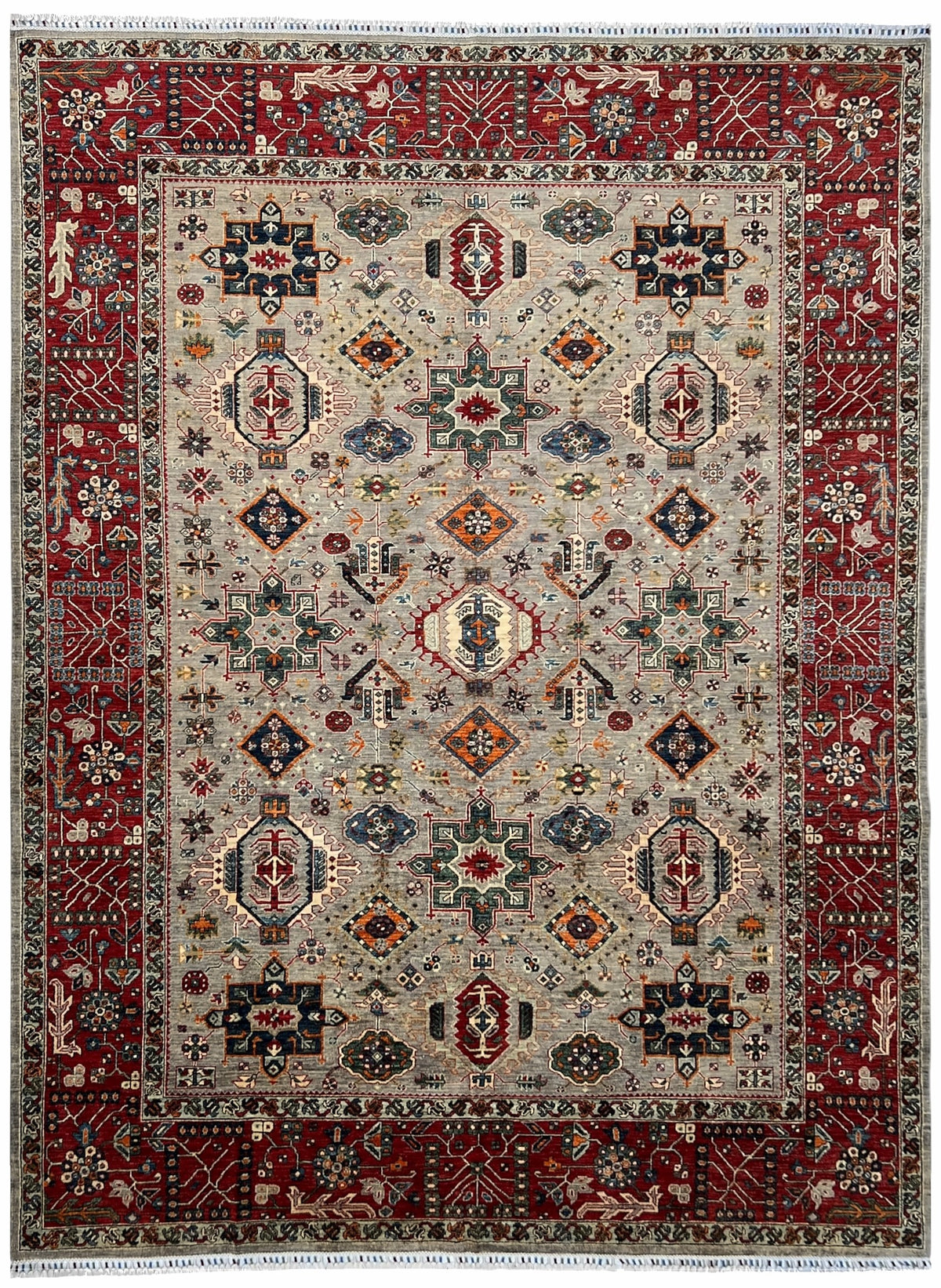 Afghan Kazak Rug 9x12 | soft gray field with tribal medallions inside a red border with navy & gold | tribal design | hand-knotted wool