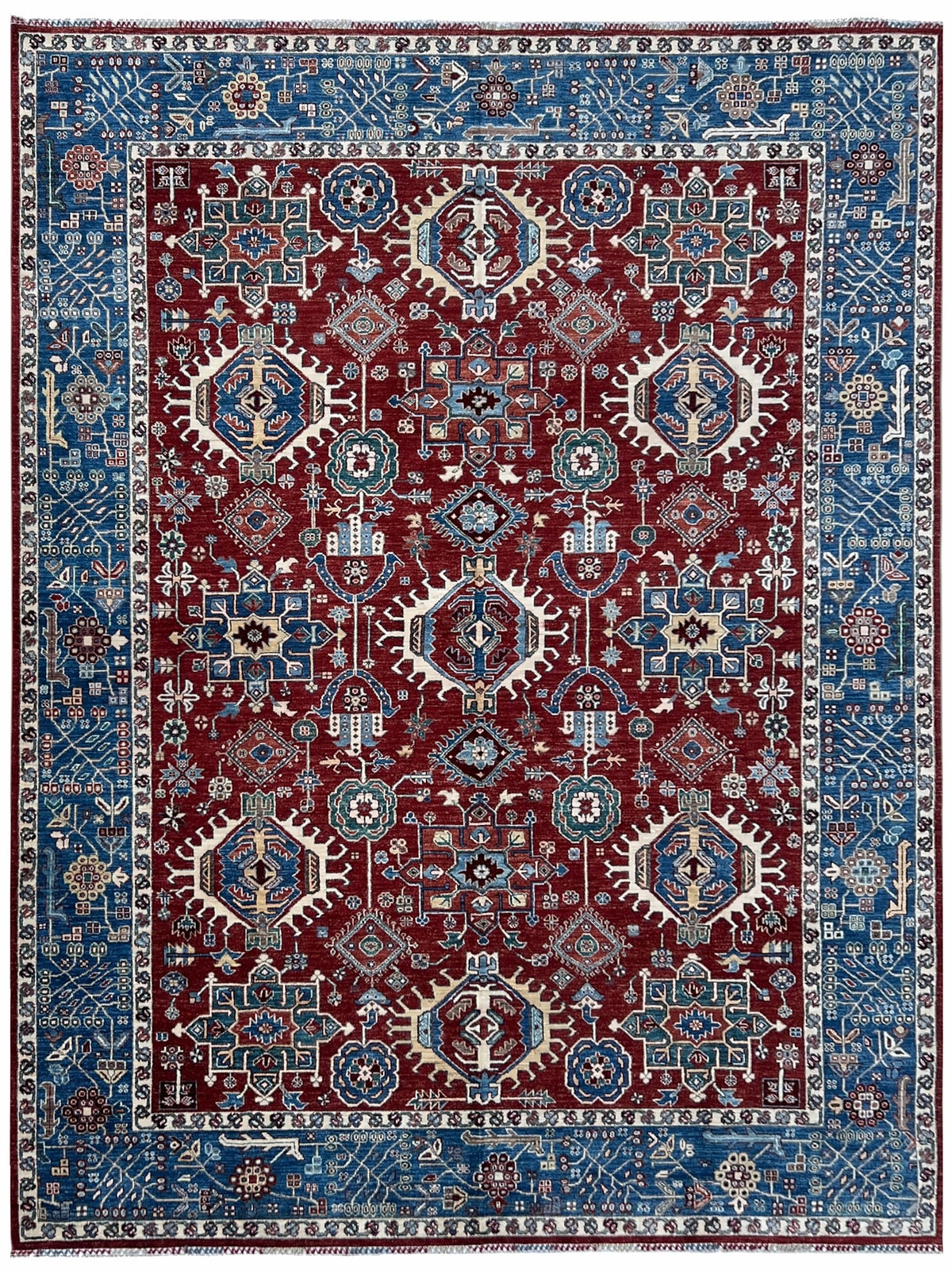 Afghan Kazak Rug 9x12 | red field with ivory and blue tribal medallions inside a blue border | tribal design | hand-knotted wool