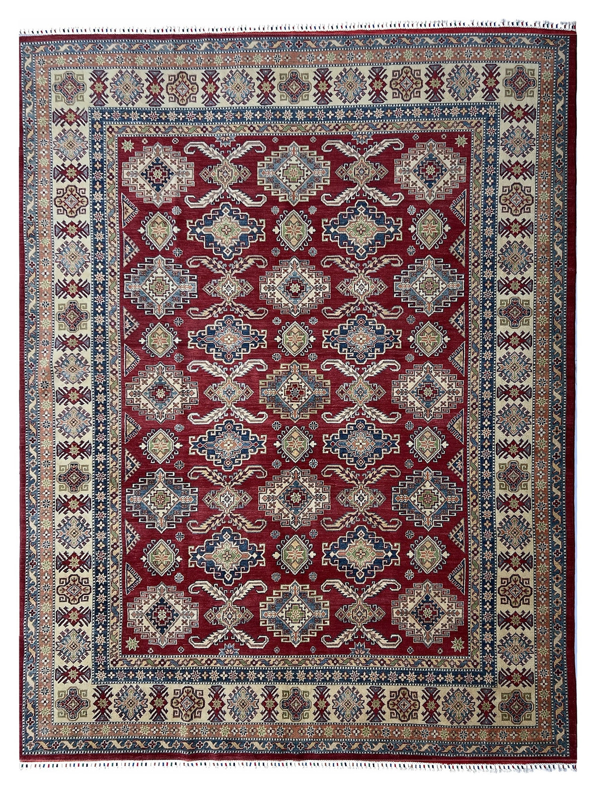 Afghan Kazak Rug 9x12 | red field with rows of ivory and blue medallions with navy | tribal design | hand-knotted wool