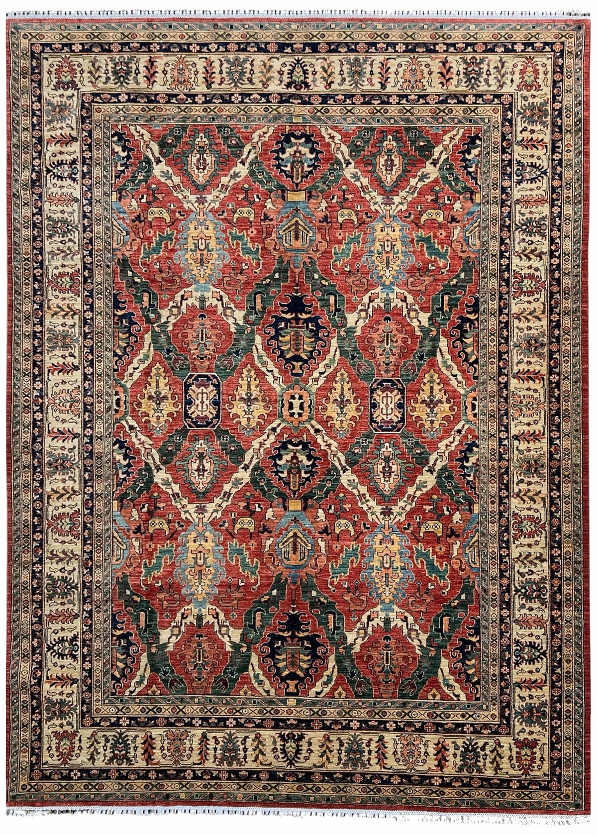 Afghan Kazak Rug 9x12 | rust field with a green and navy lattice with ivory | lattice design | hand-knotted wool