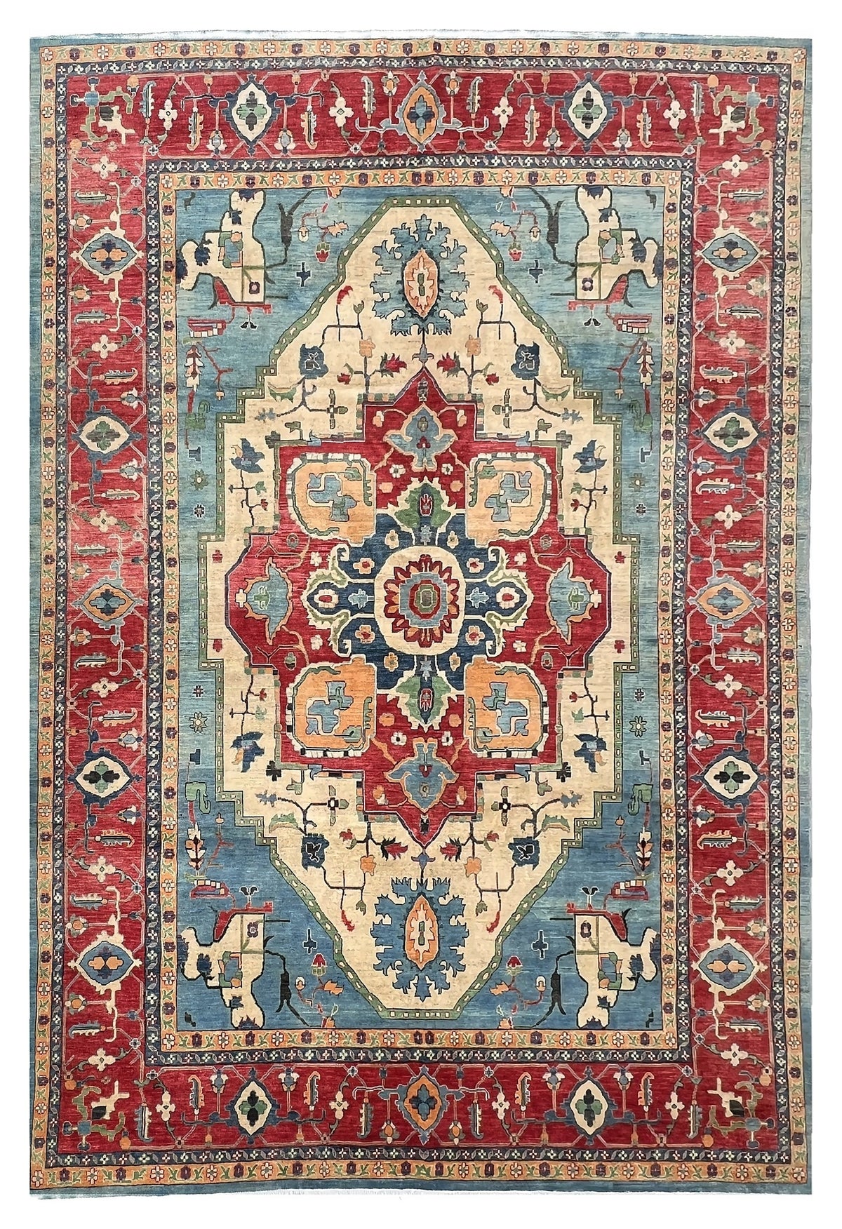 Afghan Kazak Rug 9x14 | light blue field with an ivory Heriz medallion inside a red border | medallion design | hand-knotted wool
