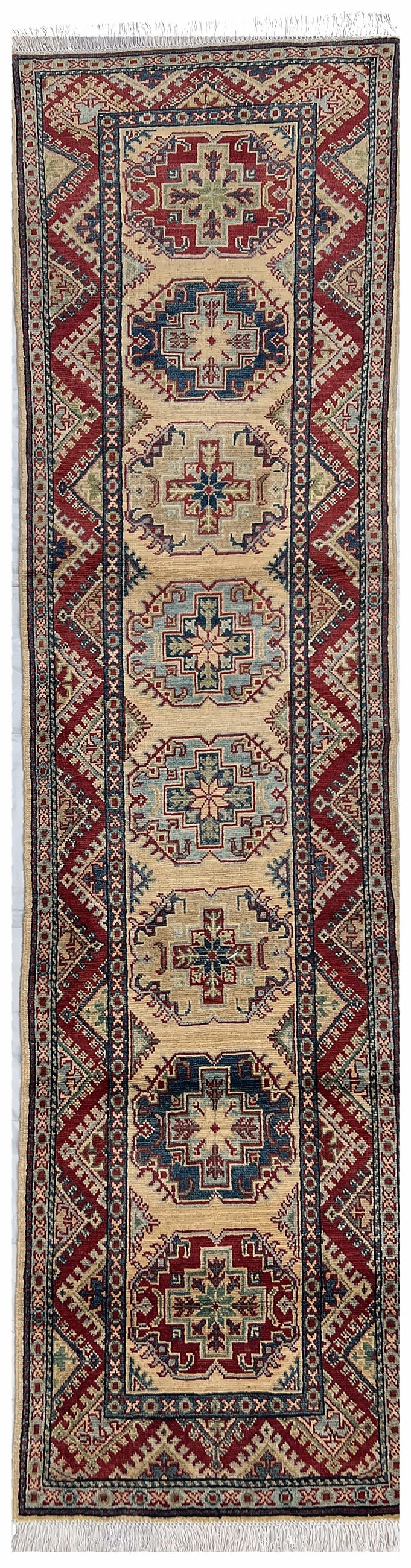 Afghan Kazak Runner 2x10 | ivory field with red, beige & navy | geometric design | hand-knotted wool