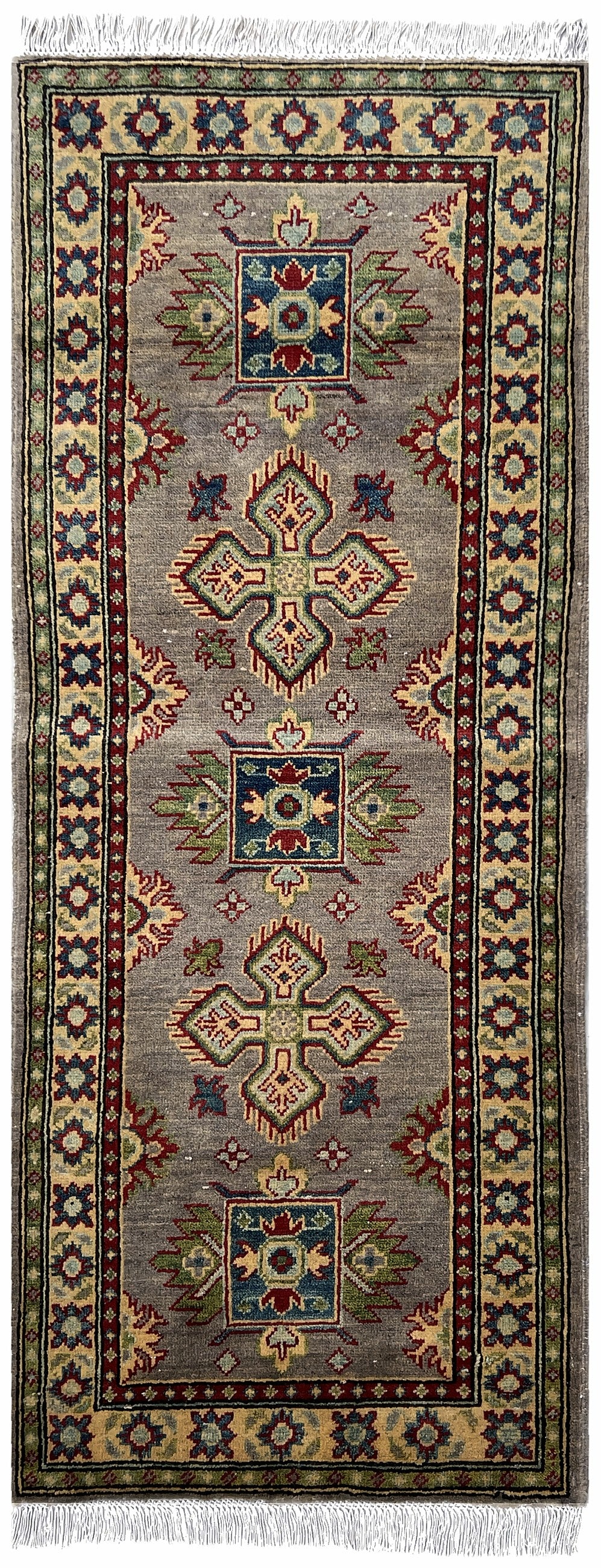Afghan Kazak Runner 2x5 | gray field with a column of tribal medallions with red, blue & ivory | tribal design | hand-knotted wool