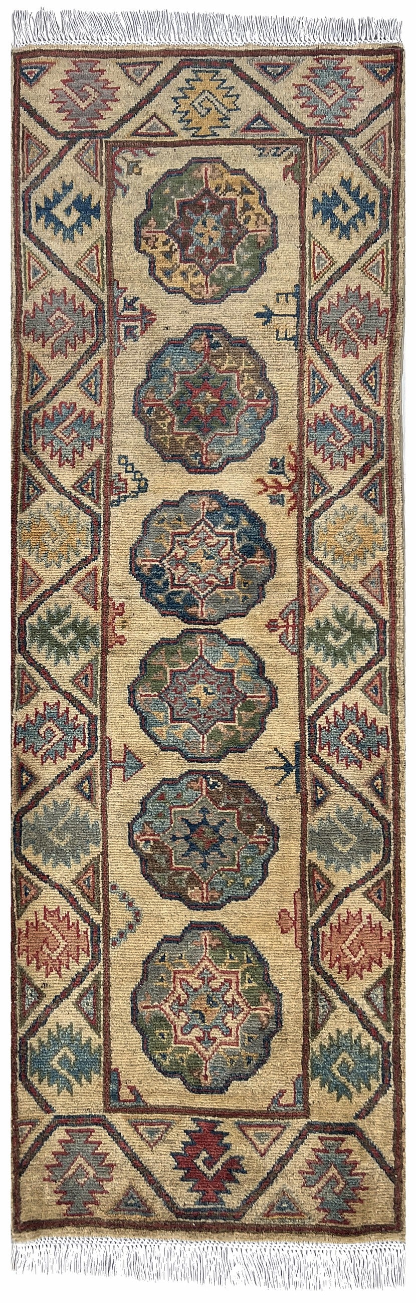 Afghan Kazak Runner 2x6 | ivory field with a column of round medallions with blue, red & gold | tribal design | hand-knotted wool