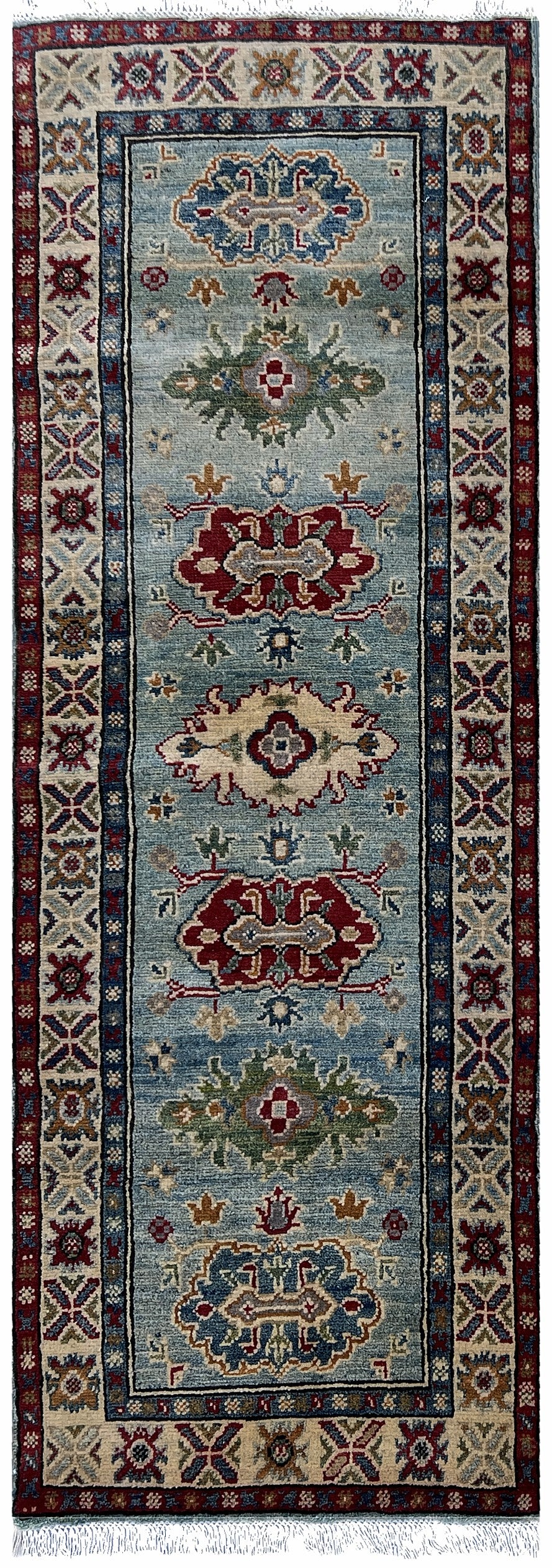 Afghan Kazak Runner 2x6 | light blue field with tribal medallions inside an ivory border with red & green | tribal design | hand-knotted wool