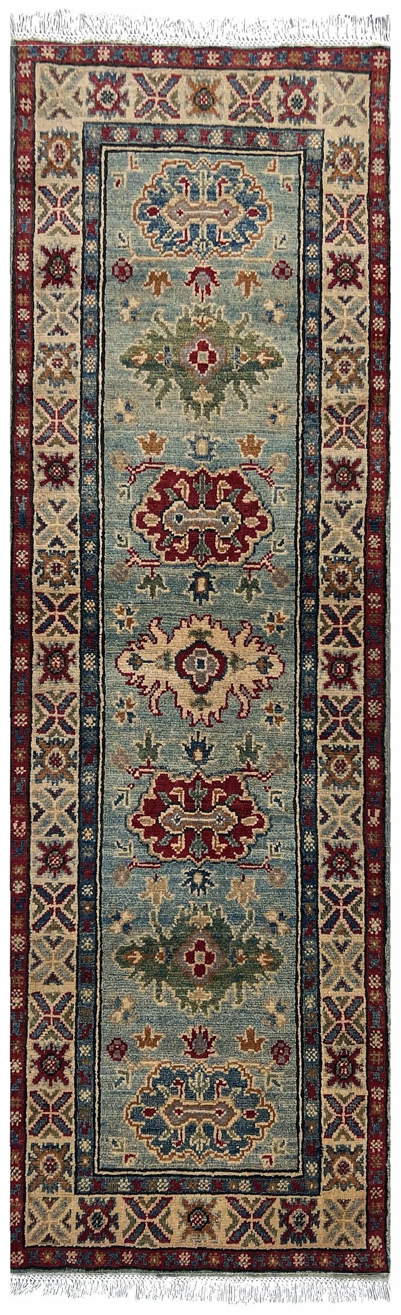 Afghan Kazak Runner 2x6 | light blue field with red medallions with ivory | tribal design | hand-knotted wool