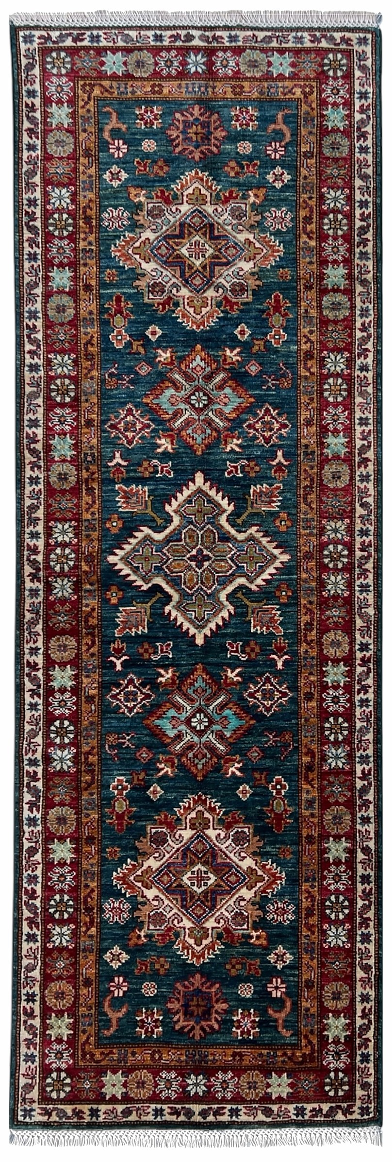 Afghan Kazak Runner 2x7 | navy field with red and ivory medallions | tribal design | hand-knotted wool