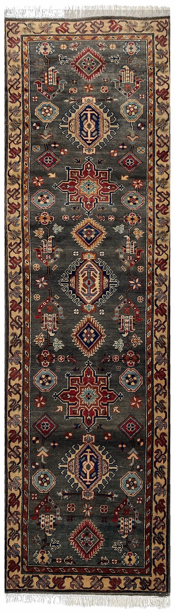 Afghan Kazak Runner 3x10 | charcoal field with red medallions inside a gold border with ivory | tribal design | hand-knotted wool