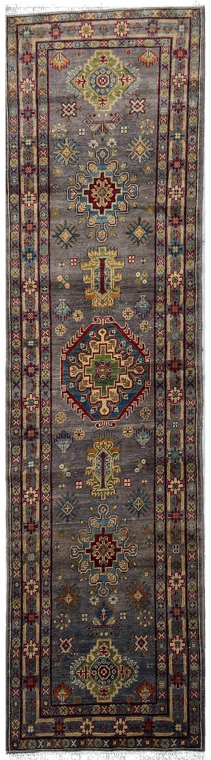 Afghan Kazak Runner 3x10 | gray field with tribal medallions with gold, red & ivory | tribal design | hand-knotted wool