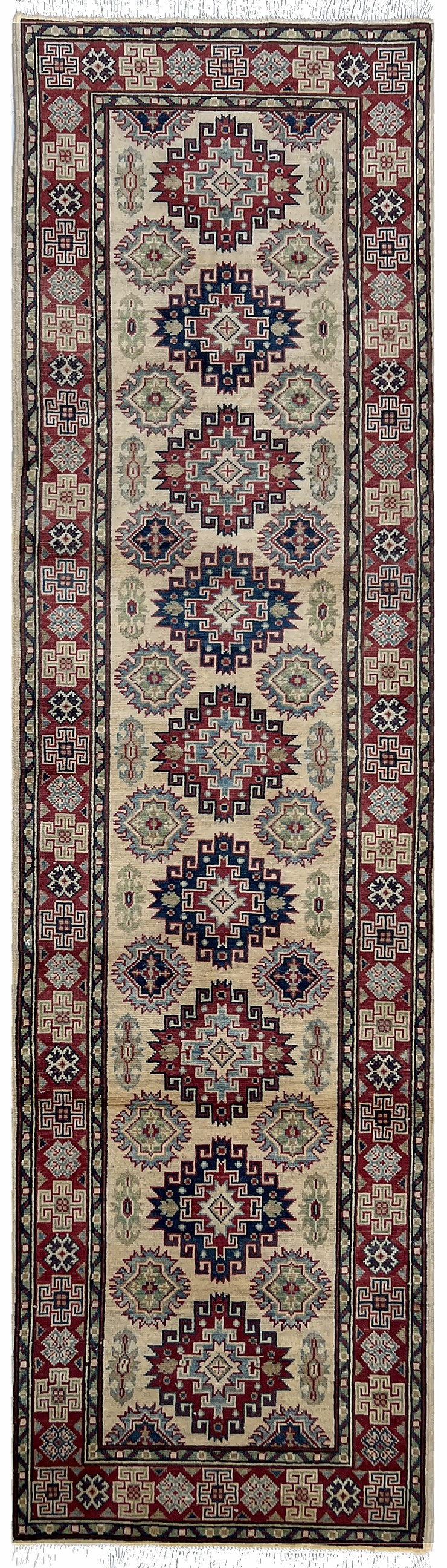Afghan Kazak Runner 3x10 | ivory runner with red and navy medallions | tribal design | hand-knotted wool