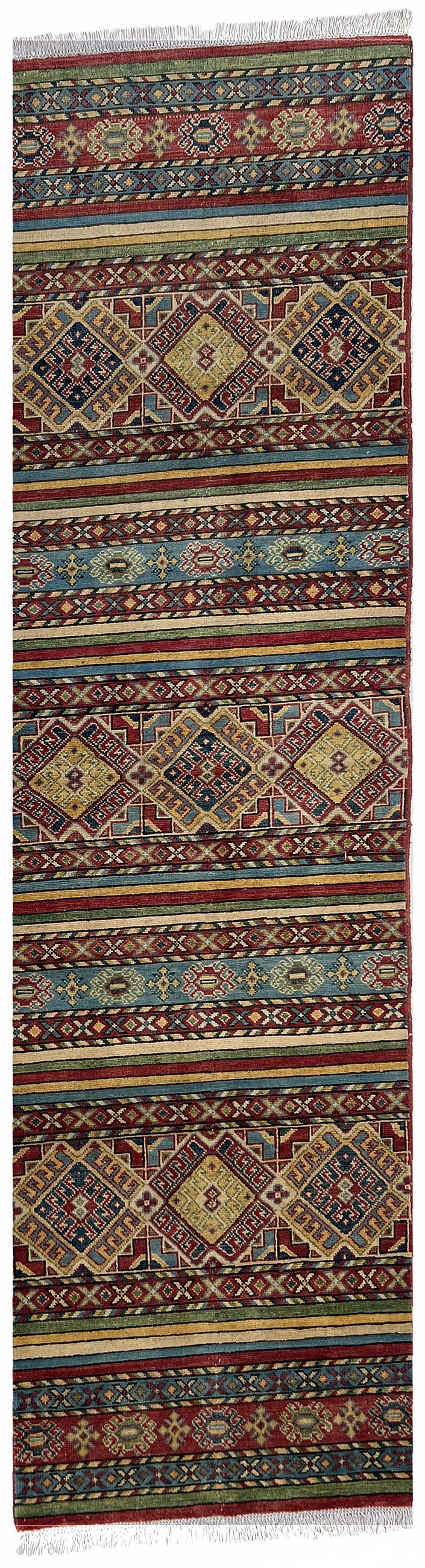 Afghan Kazak Runner 3x10 | bands of red, blue and green with diamond motifs with gold | striped design | hand-knotted wool