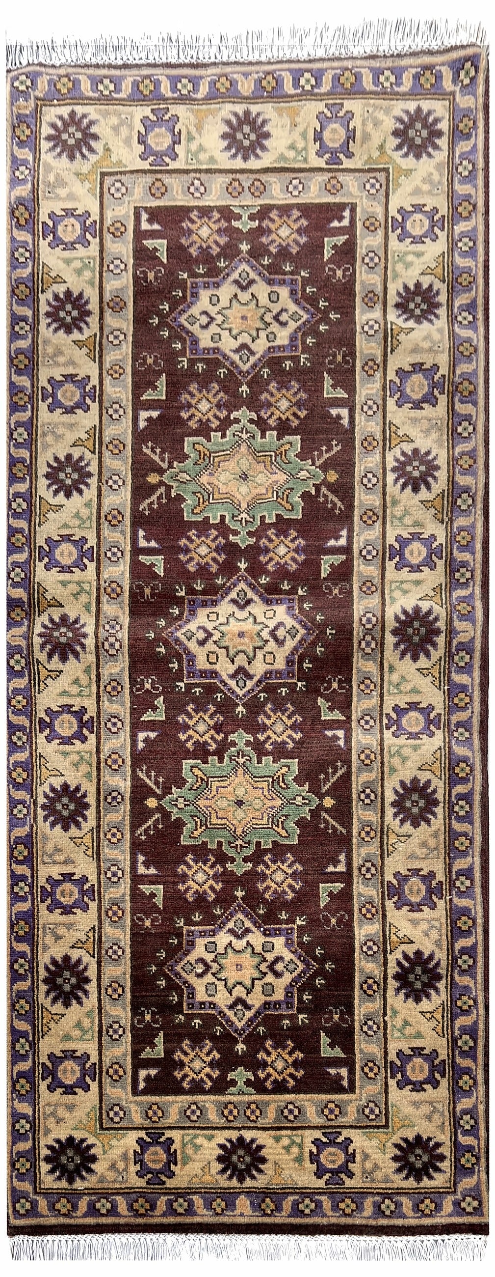 Afghan Kazak Runner 3x7 | burgundy field with a column of tribal medallions with ivory, gold & navy | tribal design | hand-knotted wool