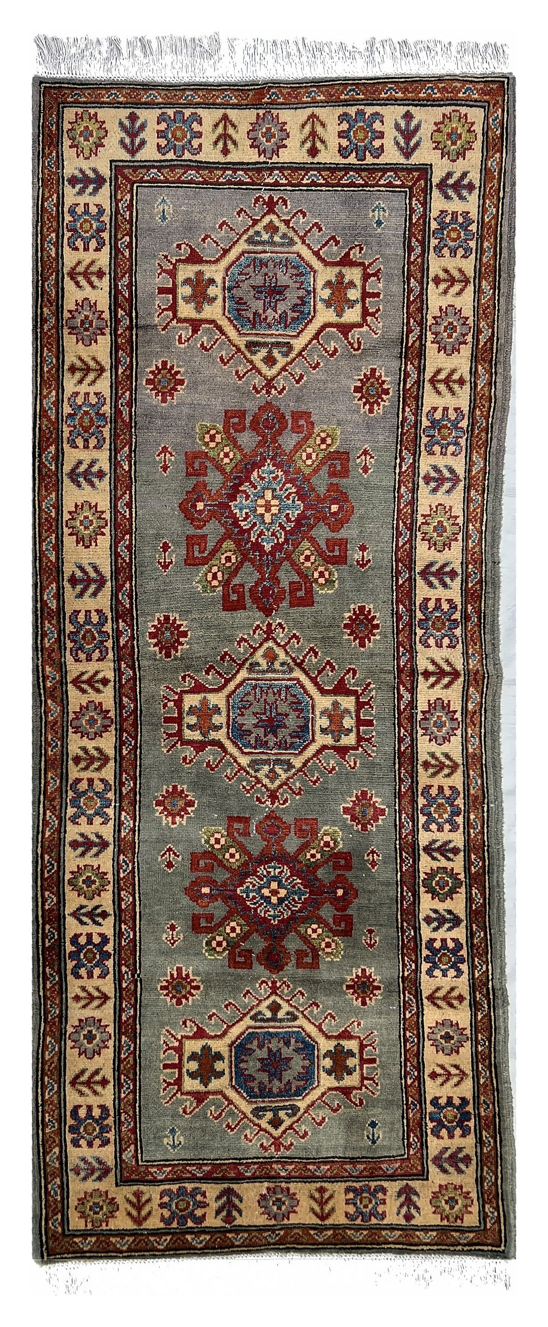 Afghan Kazak Runner 3x7 | gray field with a column of red medallions with ivory & navy | tribal design | hand-knotted wool