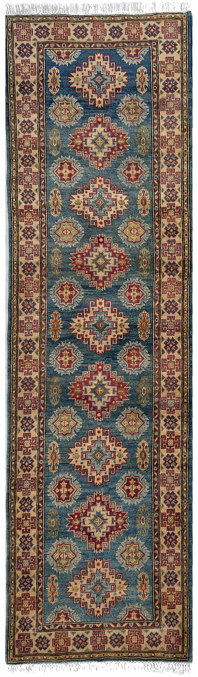 Afghan Kazak Runner 3x9 | blue field with a column of red tribal medallions inside an ivory border | tribal design | hand-knotted wool
